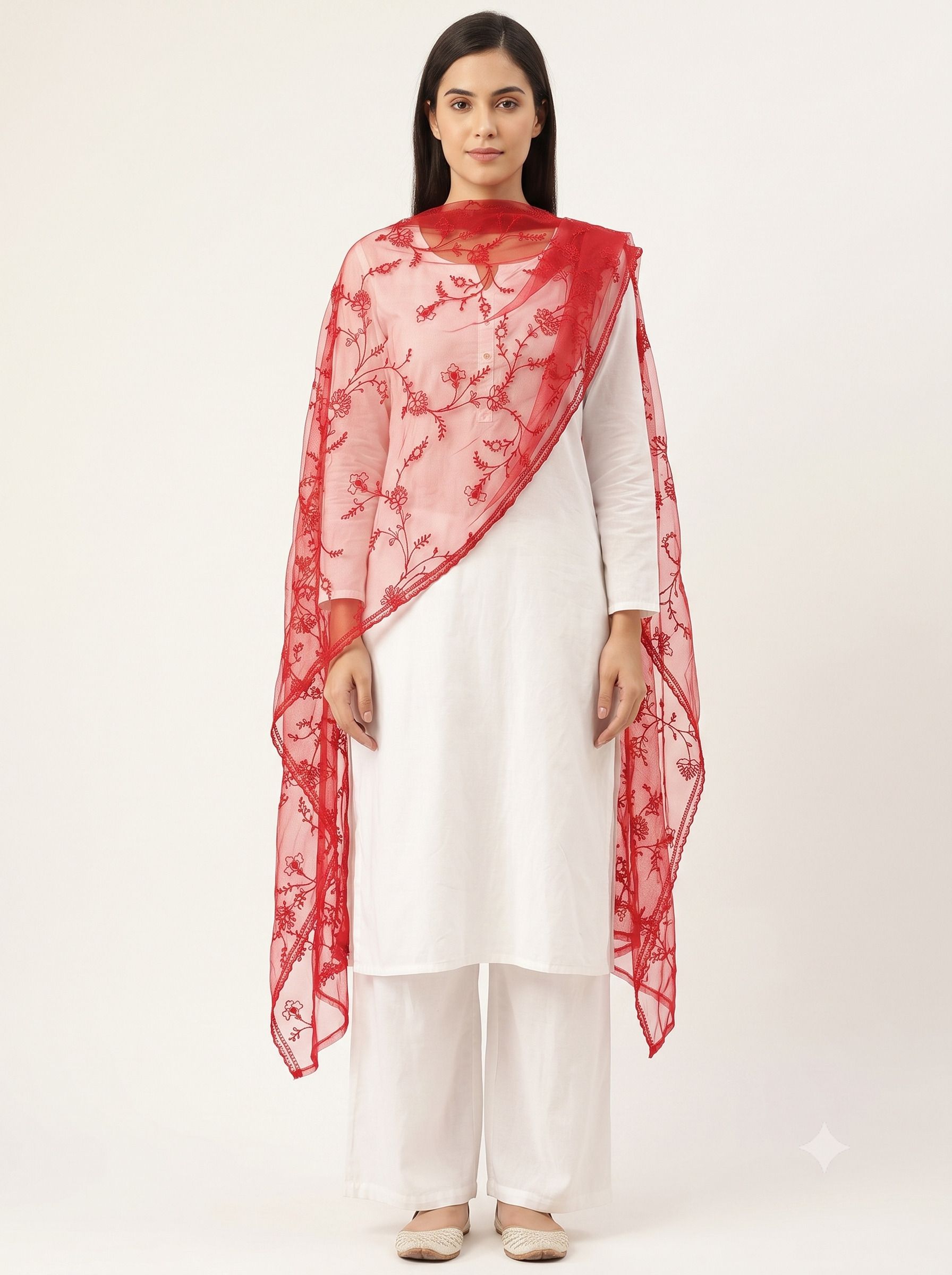 Net Embroidered Red Women Dupatta-image-15