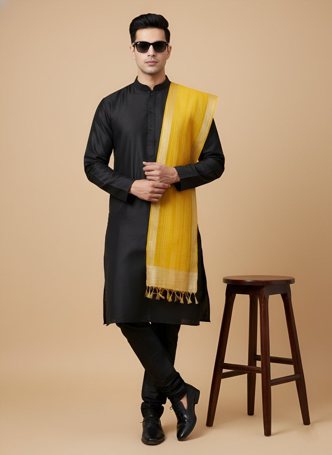 Cotton Silk Woven Yellow Men Dupatta-image-38