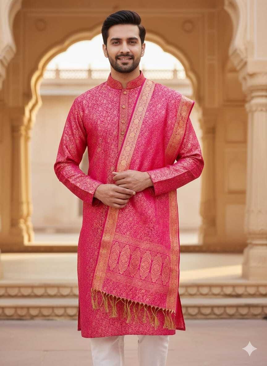 Jacquard Woven Pink Men Dupatta-image-0