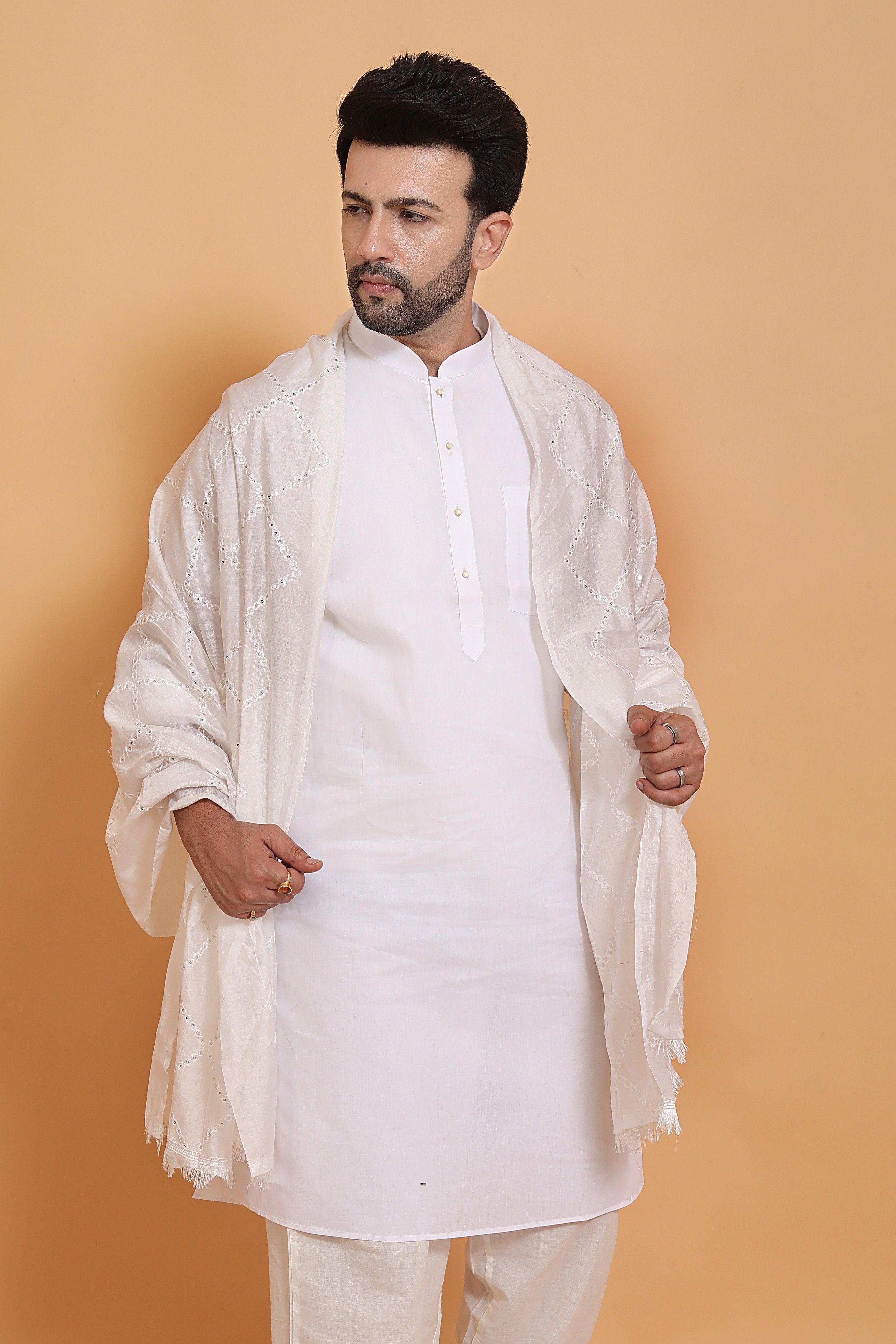 houseofcommon Poly Chanderi Self Design White Men Dupatta-picture-24