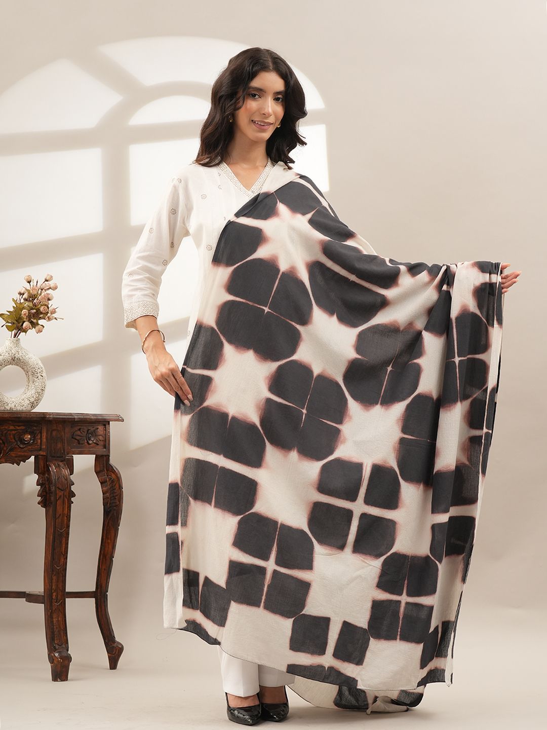 style 98 Pure Cotton Hand Painted White Women Dupatta-picture-8