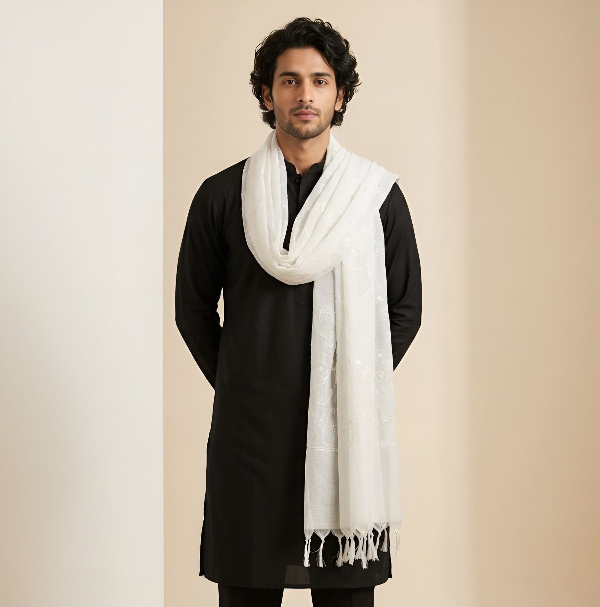 muffly Cotton Blend Embroidered White Men Dupatta-picture-15