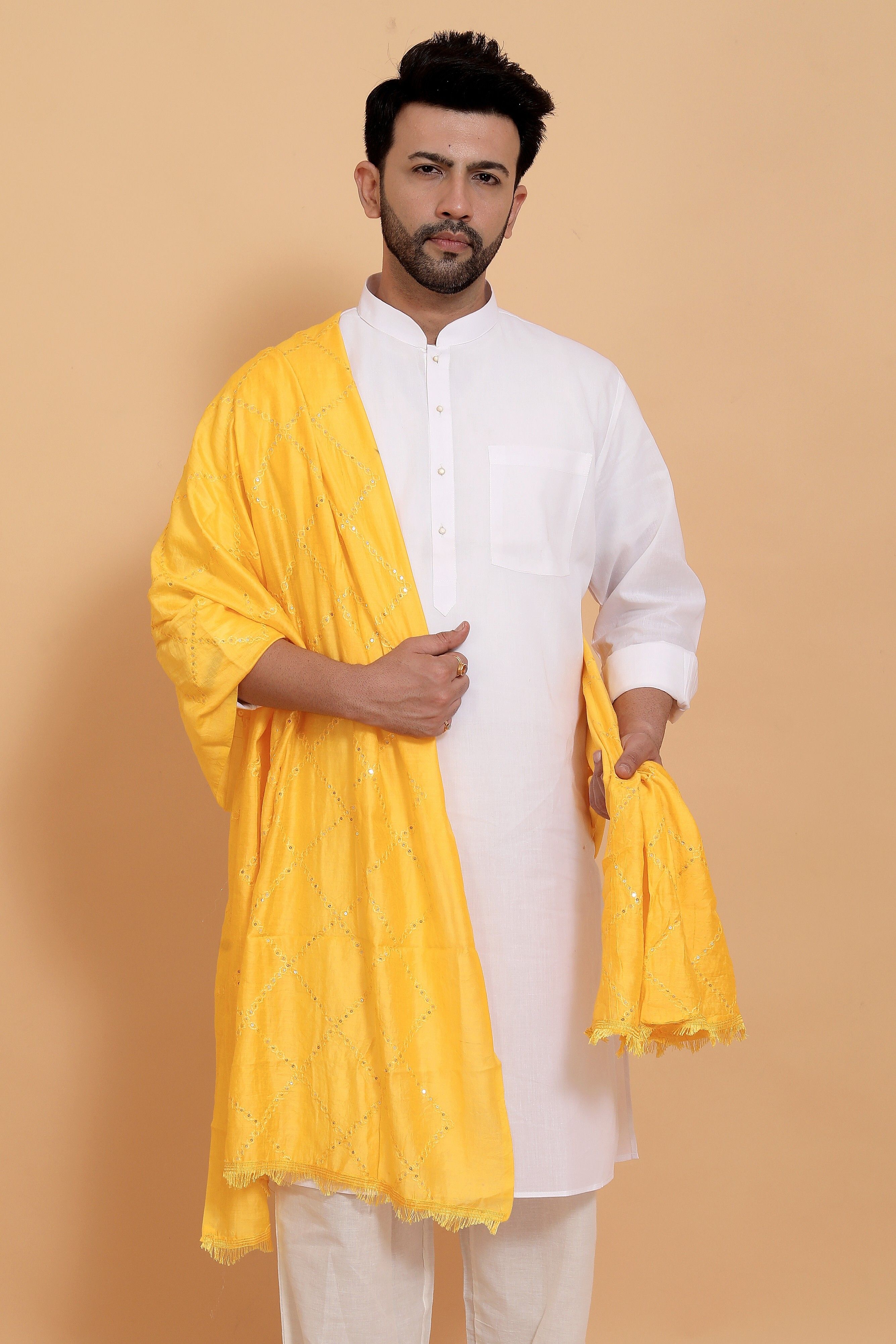 ebadat Poly Chanderi Self Design Yellow Men Dupatta-picture-25