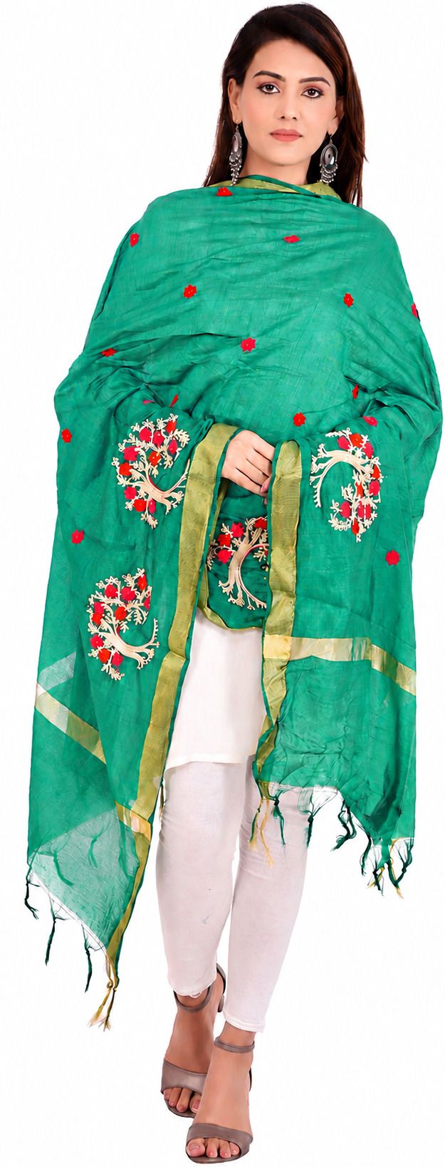 whiteheaven Silk Blend Embroidered Light Green Women Dupatta-picture-4