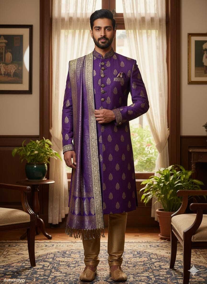 Art Silk, Jacquard Woven Purple Men Dupatta-image-34