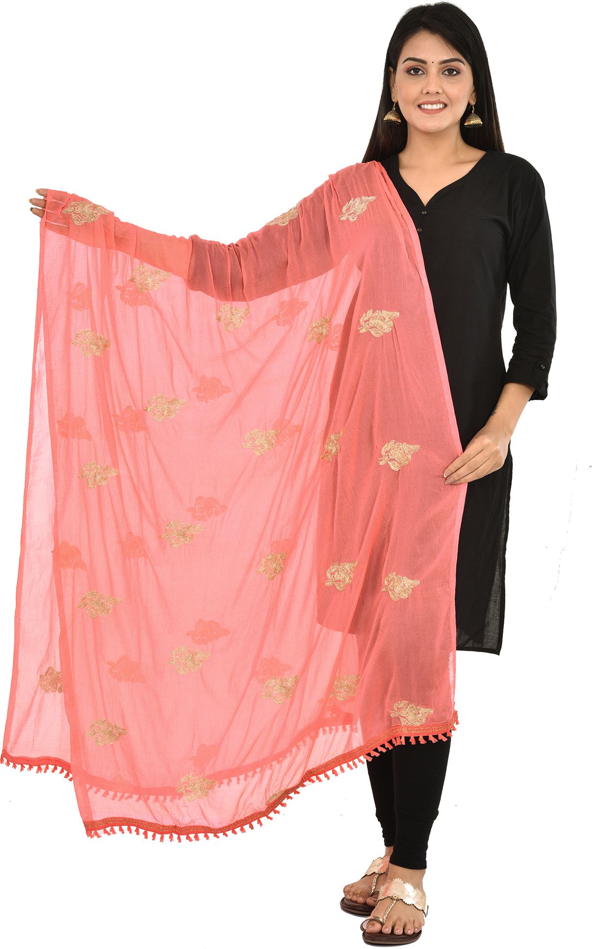 Chiffon Embroidered Peach Women Dupatta-image-1