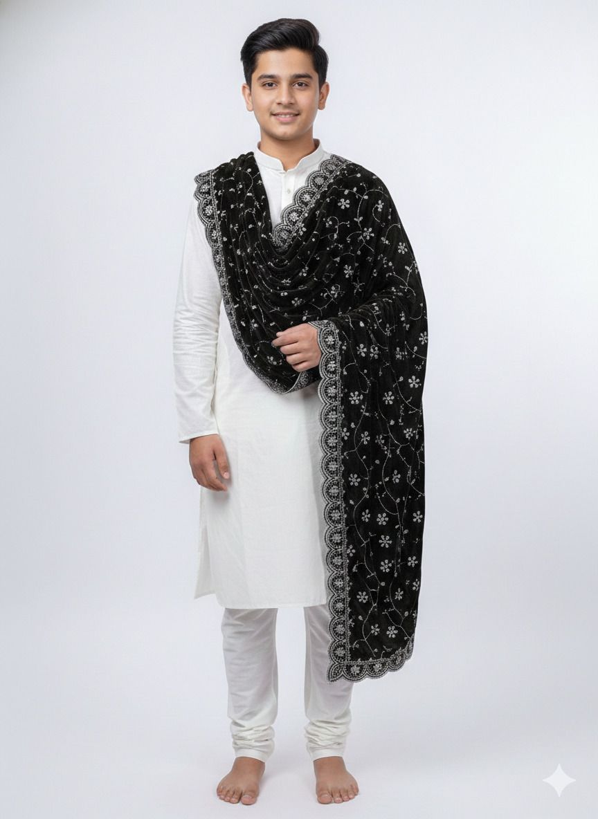 Velvet Embroidered Black Men Dupatta