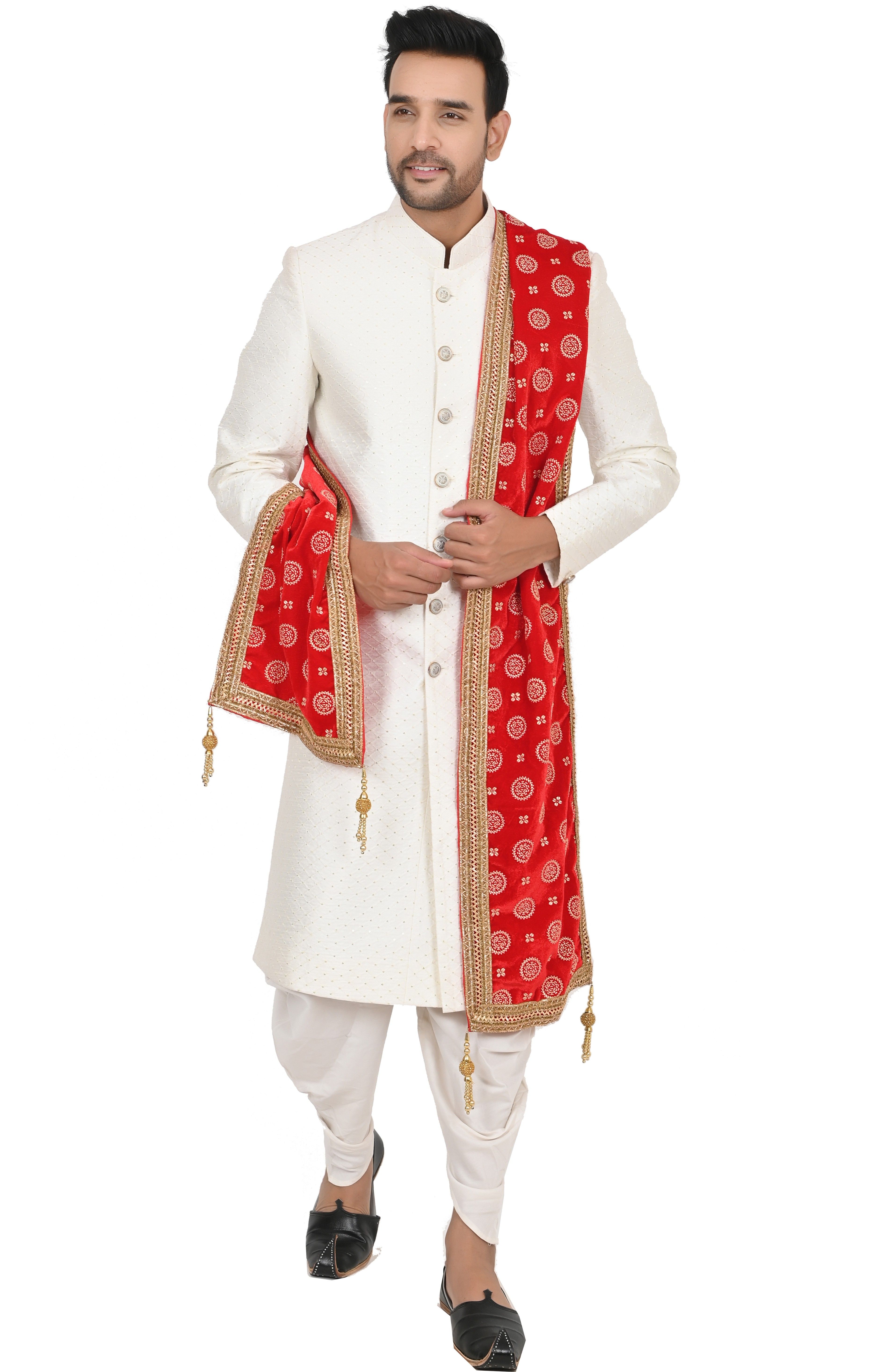 sneh Velvet Polka Print, Embroidered Red Men Dupatta-picture-48