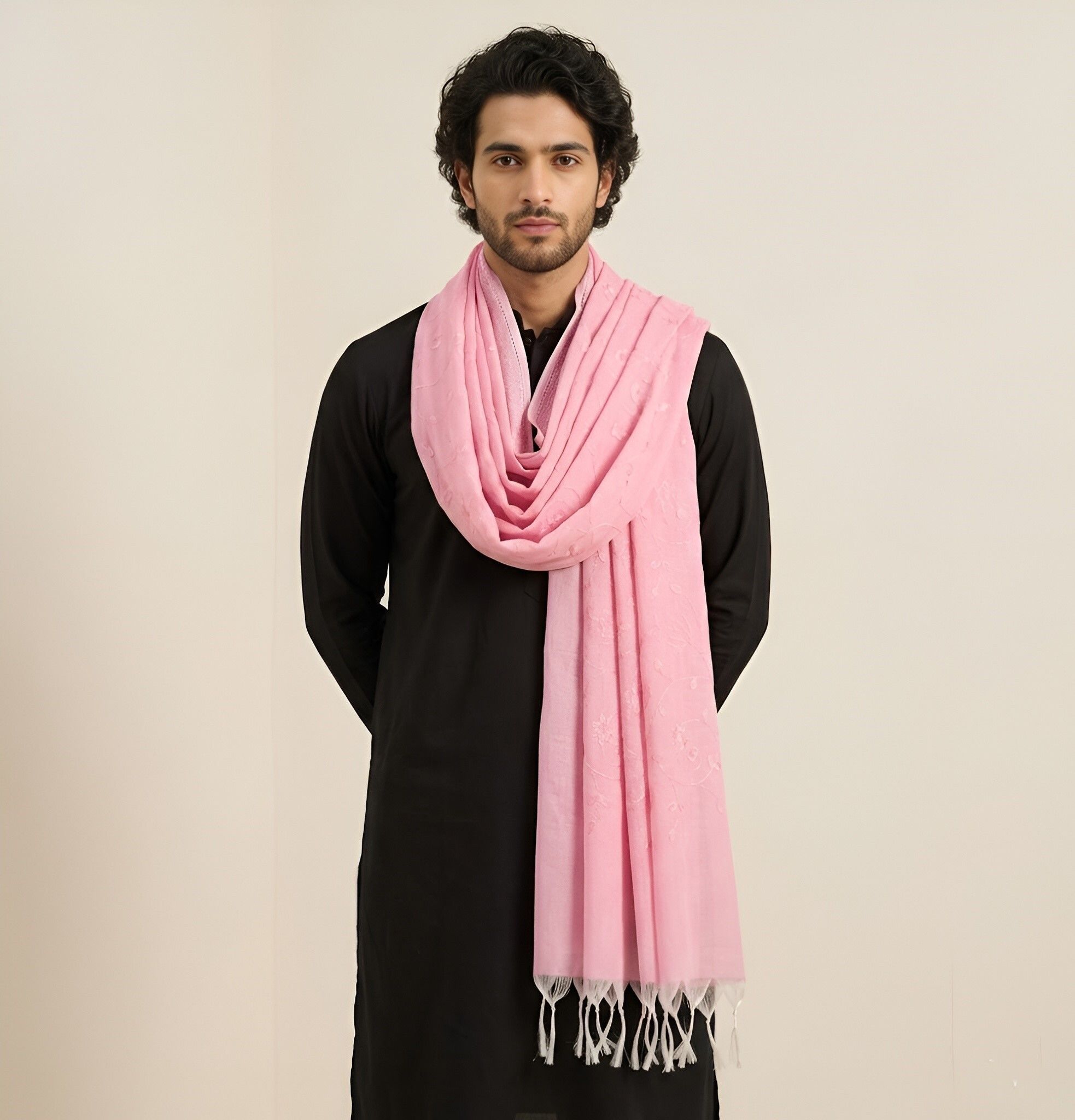 Cotton Blend Embroidered Pink Men Dupatta-image-23