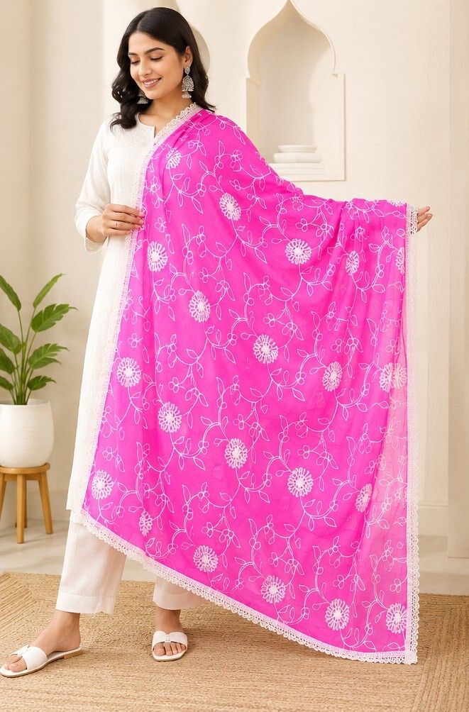 Pure Cotton Embroidered Pink Women Dupatta-image-22