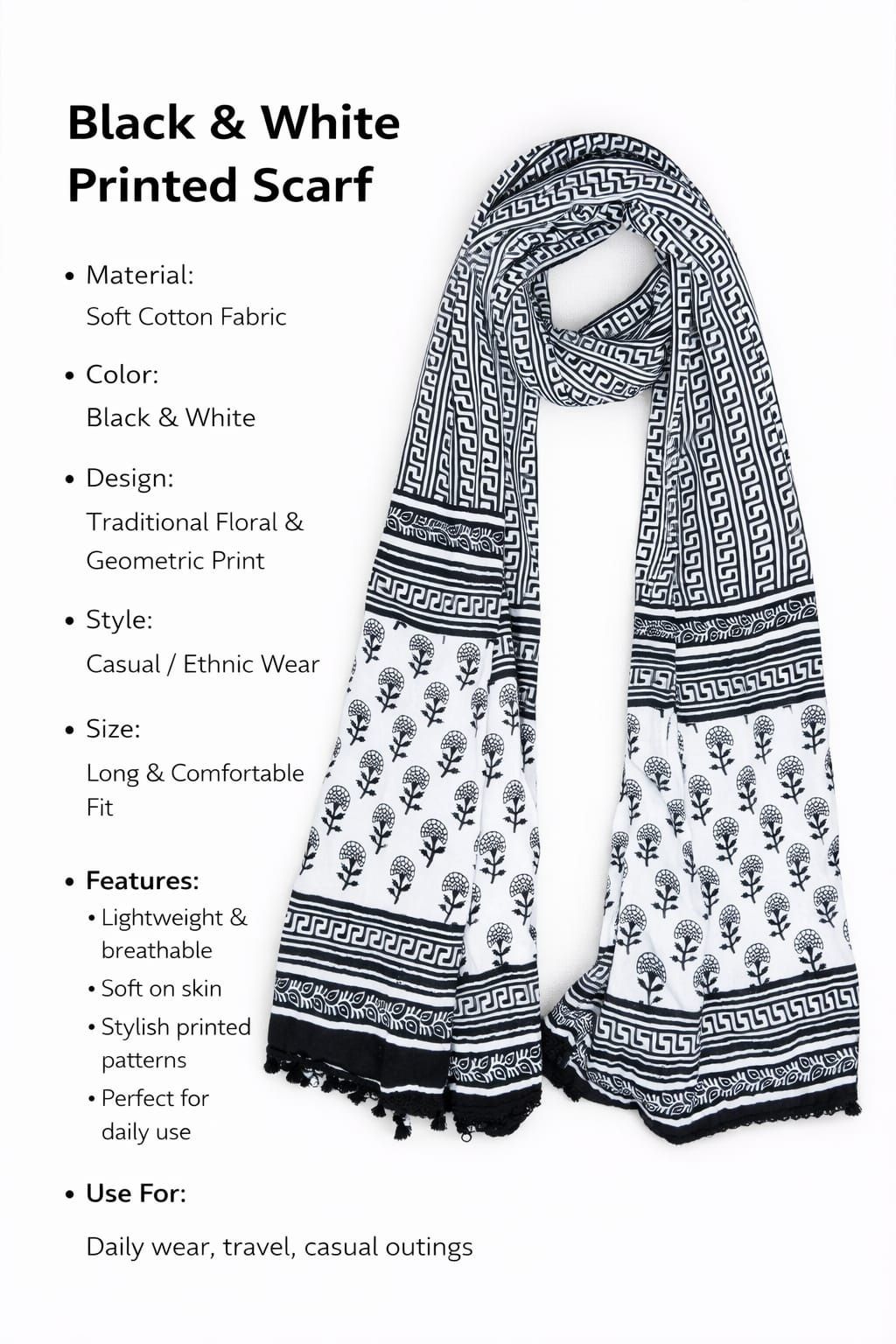 Pure Cotton Printed Black, White Women Dupatta-image-13