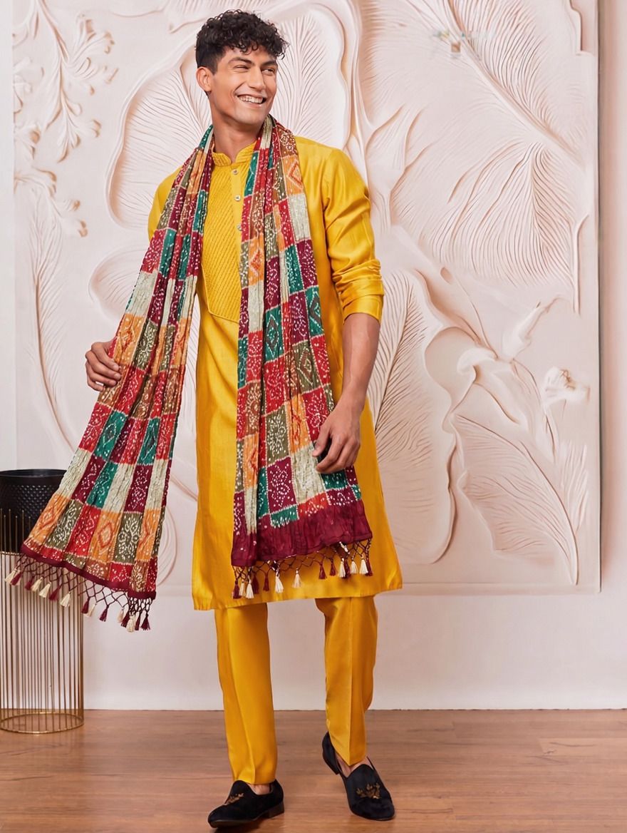Cotton Silk Self Design, Embroidered Multicolor, Orange, Peach Men Dupatta-image-47
