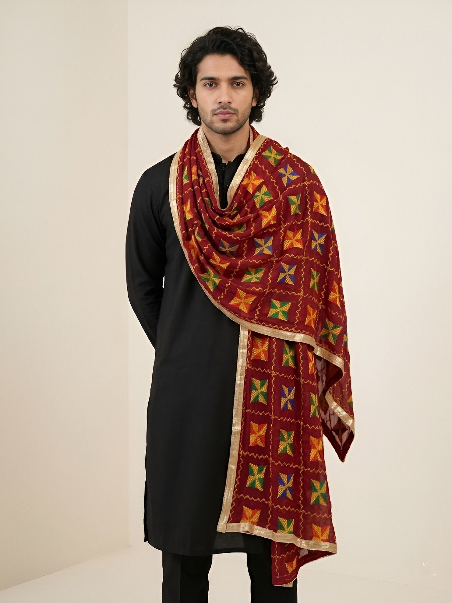 Poly Georgette Geometric Print Maroon Men Dupatta-image-11