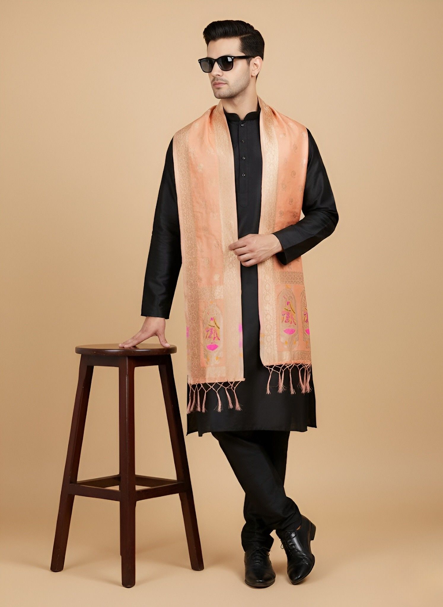 Silk Blend Woven Peach Men Dupatta-image-43
