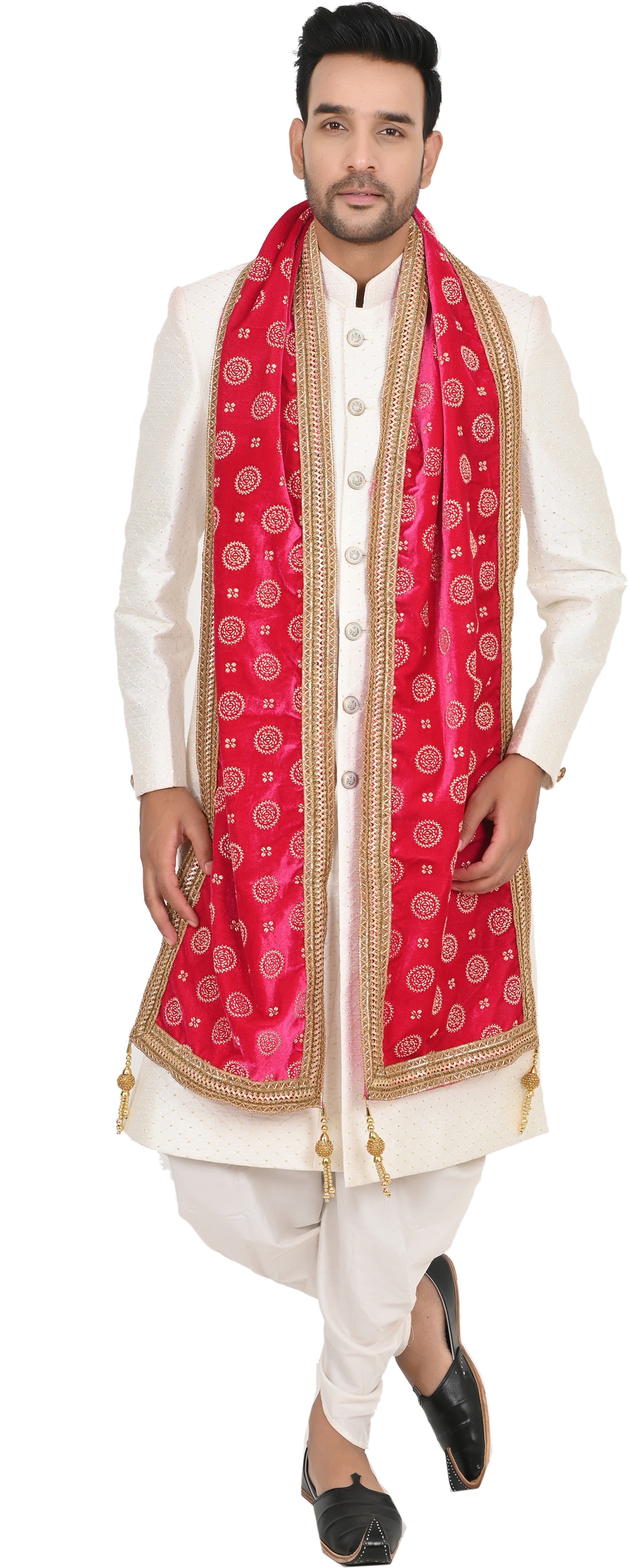 sneh Velvet Polka Print, Embroidered Pink Men Dupatta-picture-15