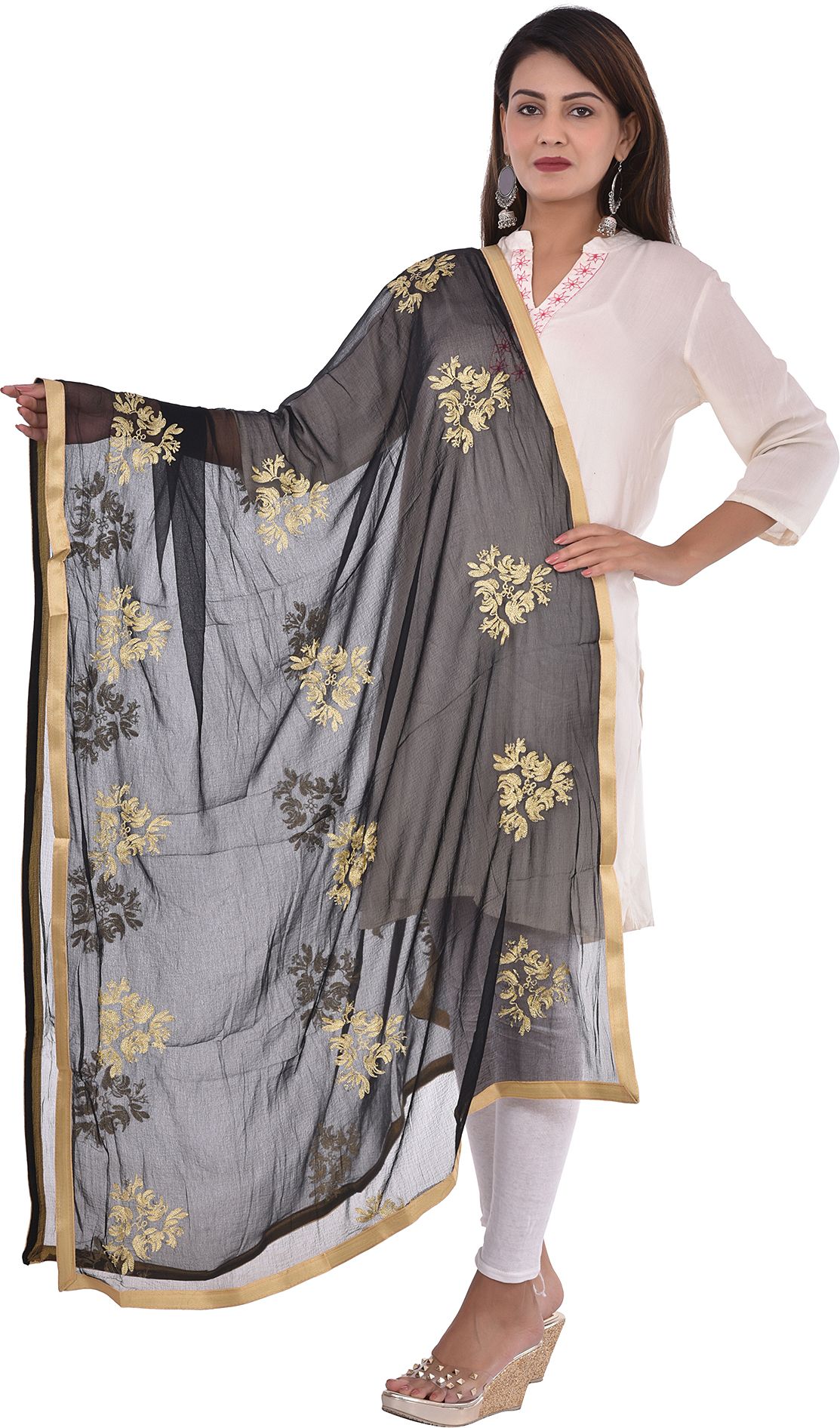 whiteheaven Chiffon Embroidered Black Women Dupatta-picture-36