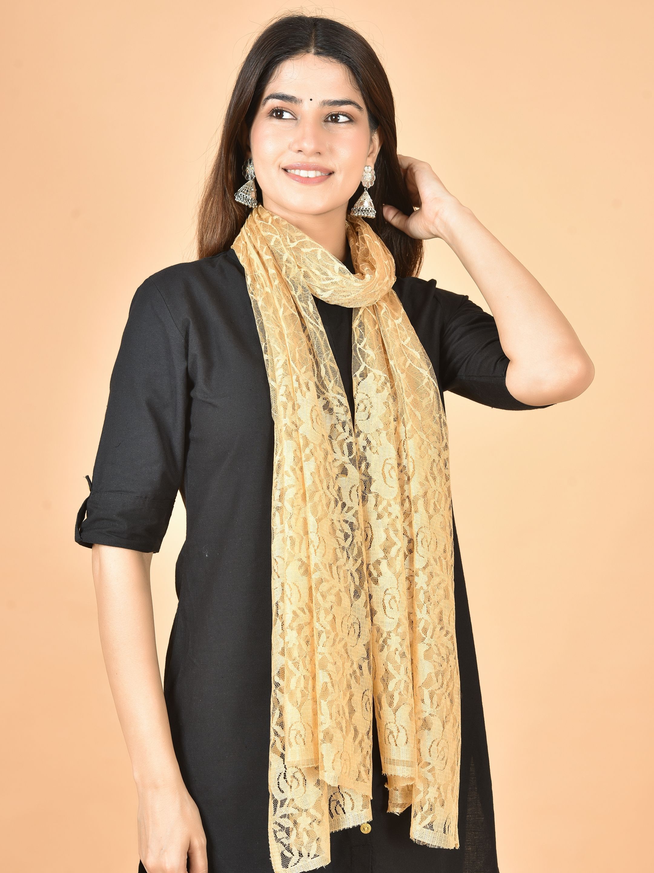 kuhika Net Self Design Beige Women Dupatta-picture-32
