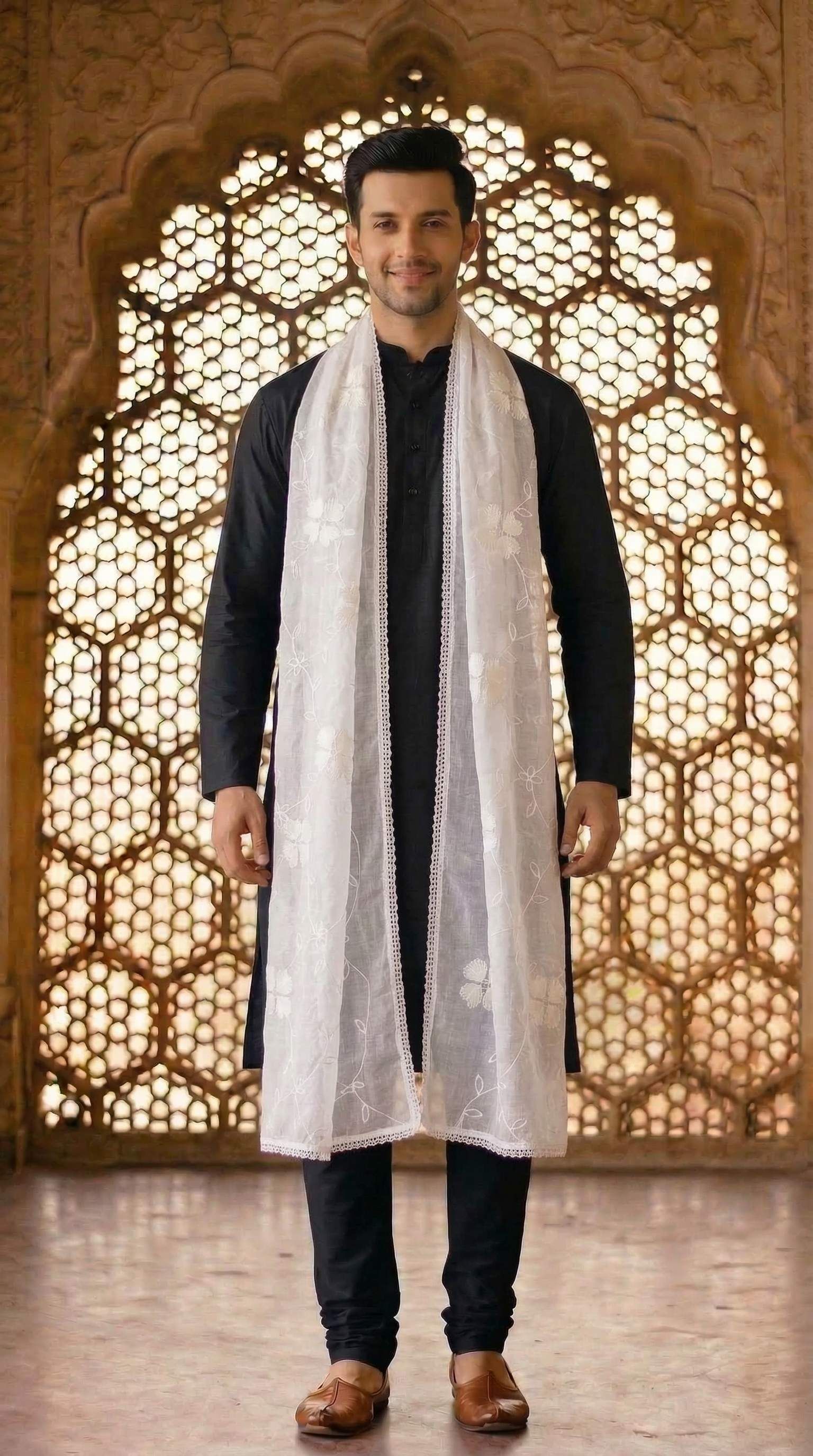 Pure Cotton Embroidered White Men Dupatta-image-49