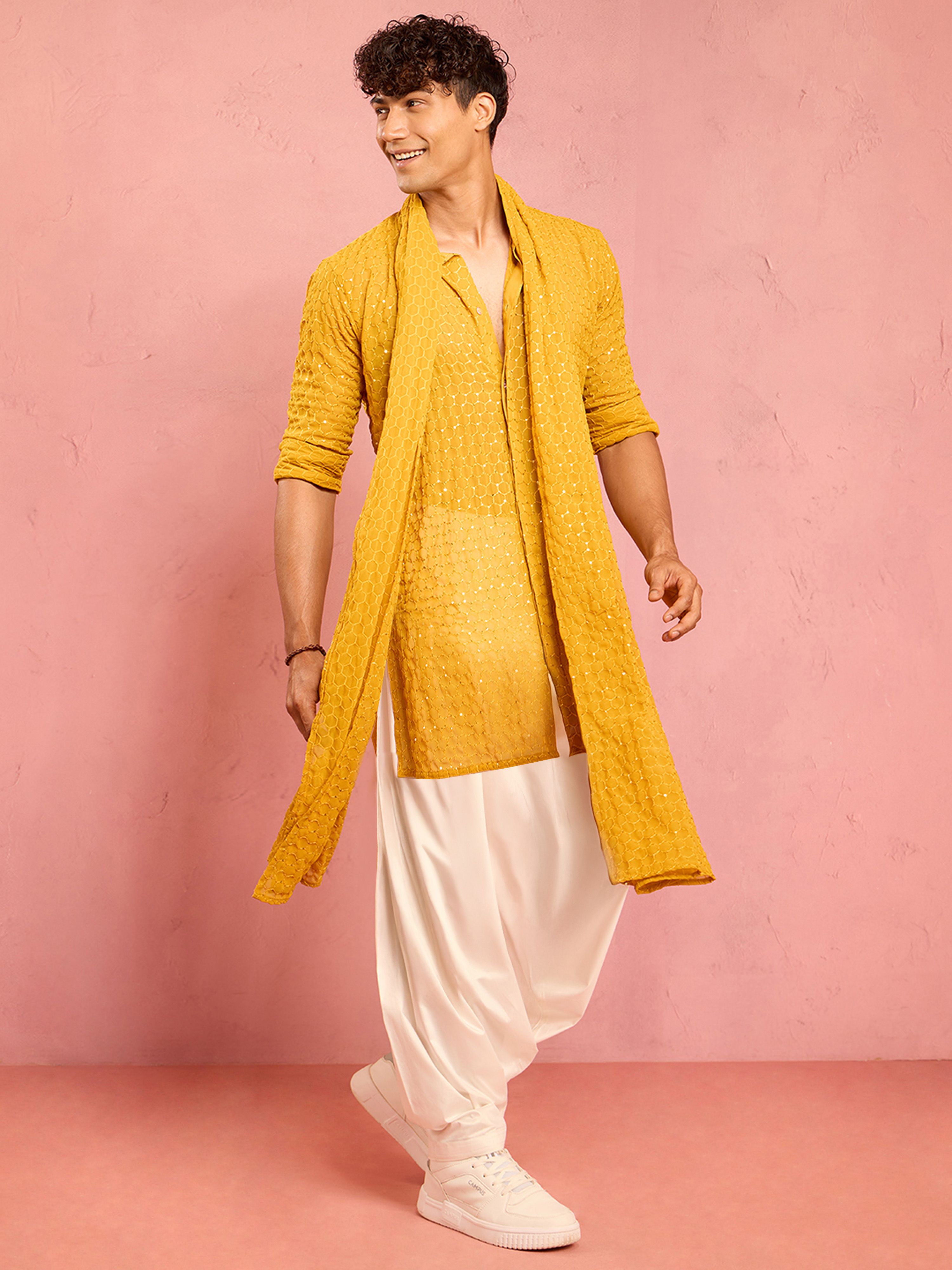vastramay Georgette Embellished Yellow Men Dupatta-picture-17