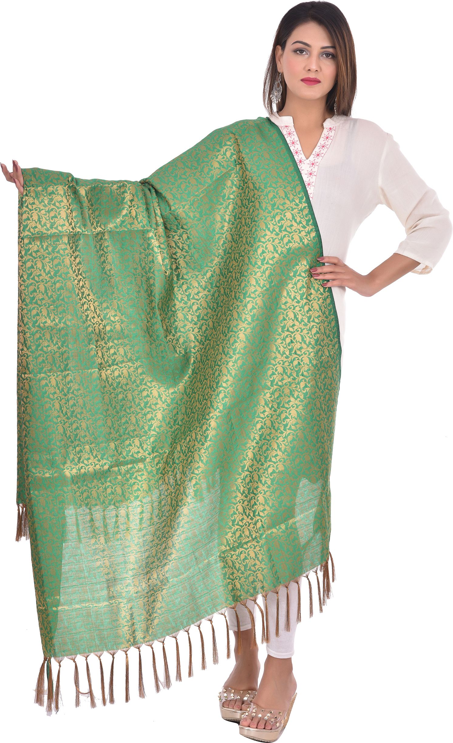 whiteheaven Pure Silk Self Design Green Women Dupatta-picture-19