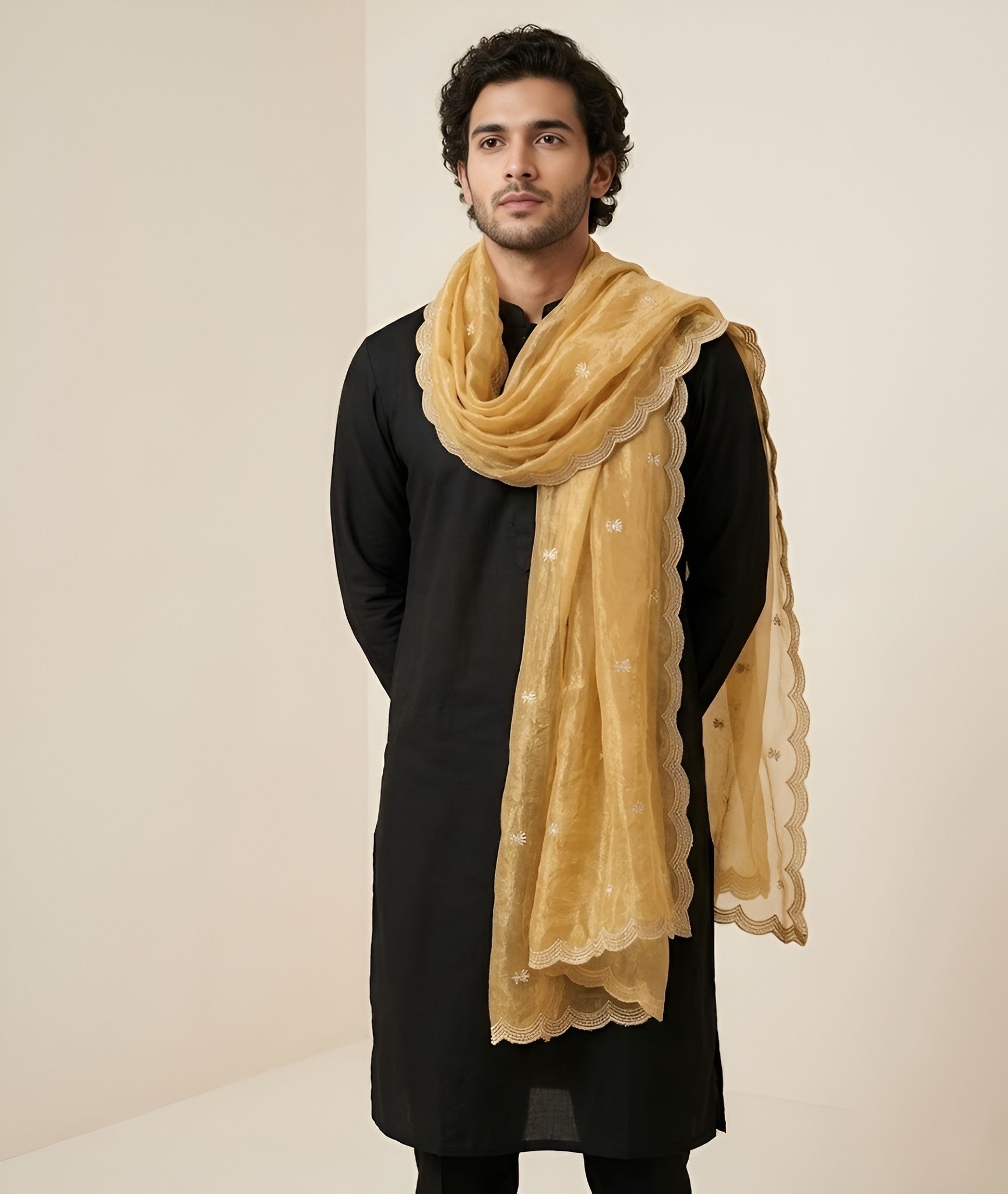 Net Embroidered Gold Men Dupatta-image-26