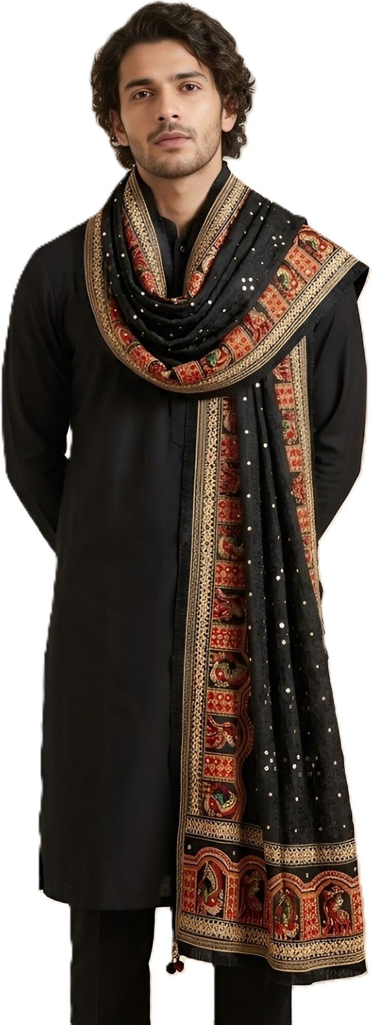 Poly Georgette Embroidered Black Men Dupatta-image-36