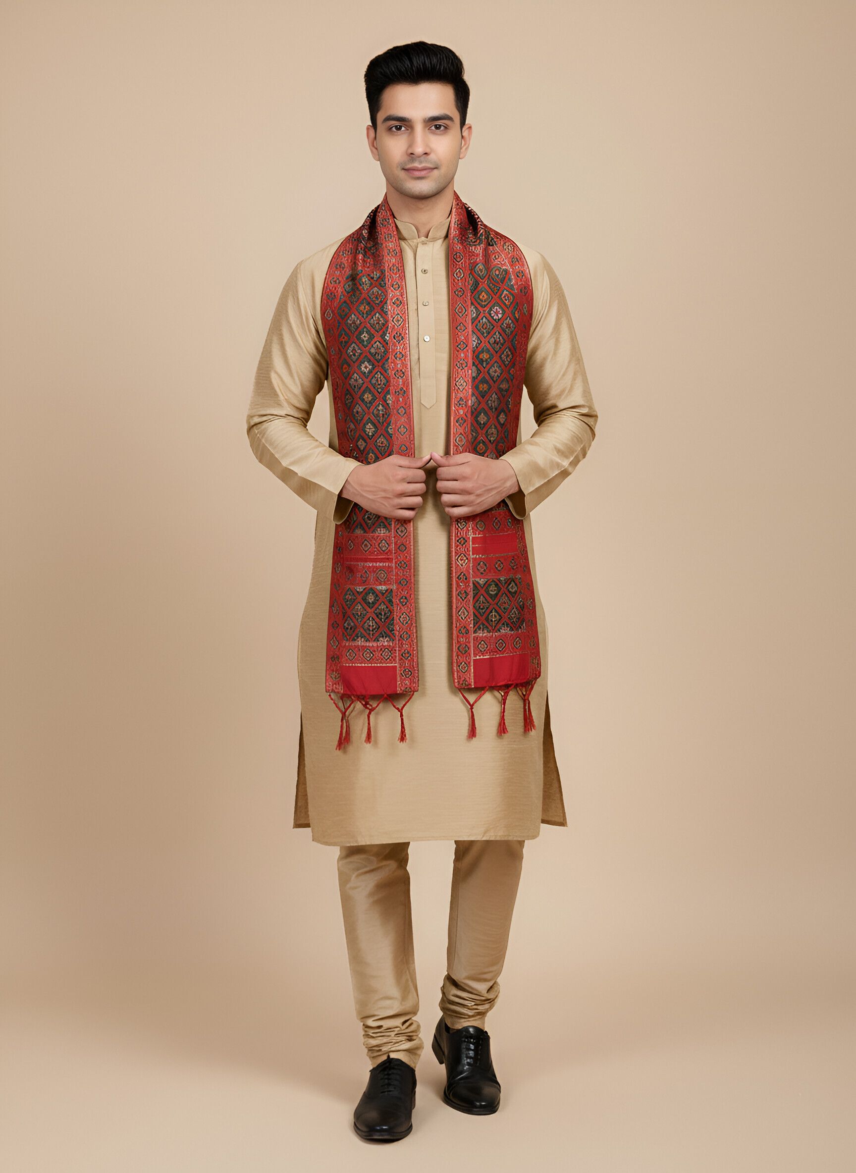 Silk Blend Geometric Print Maroon Men Dupatta-image-10