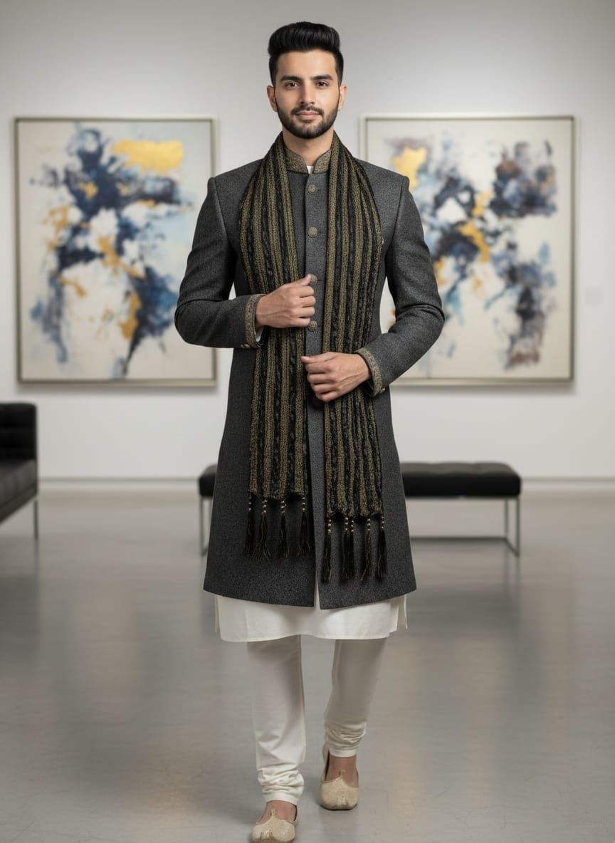 Silk Blend Solid Black Men Dupatta