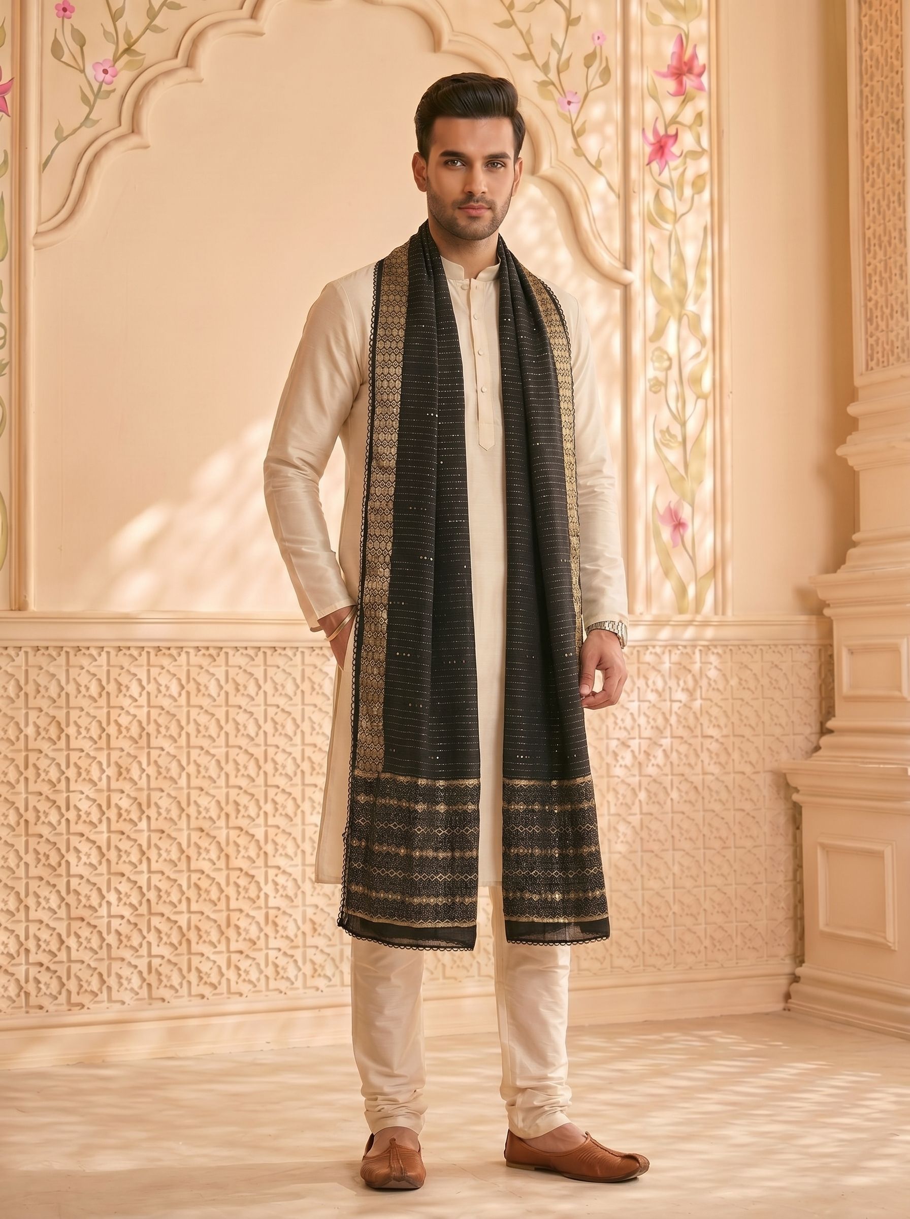 Cotton Blend Embroidered Black Men Dupatta-image-36