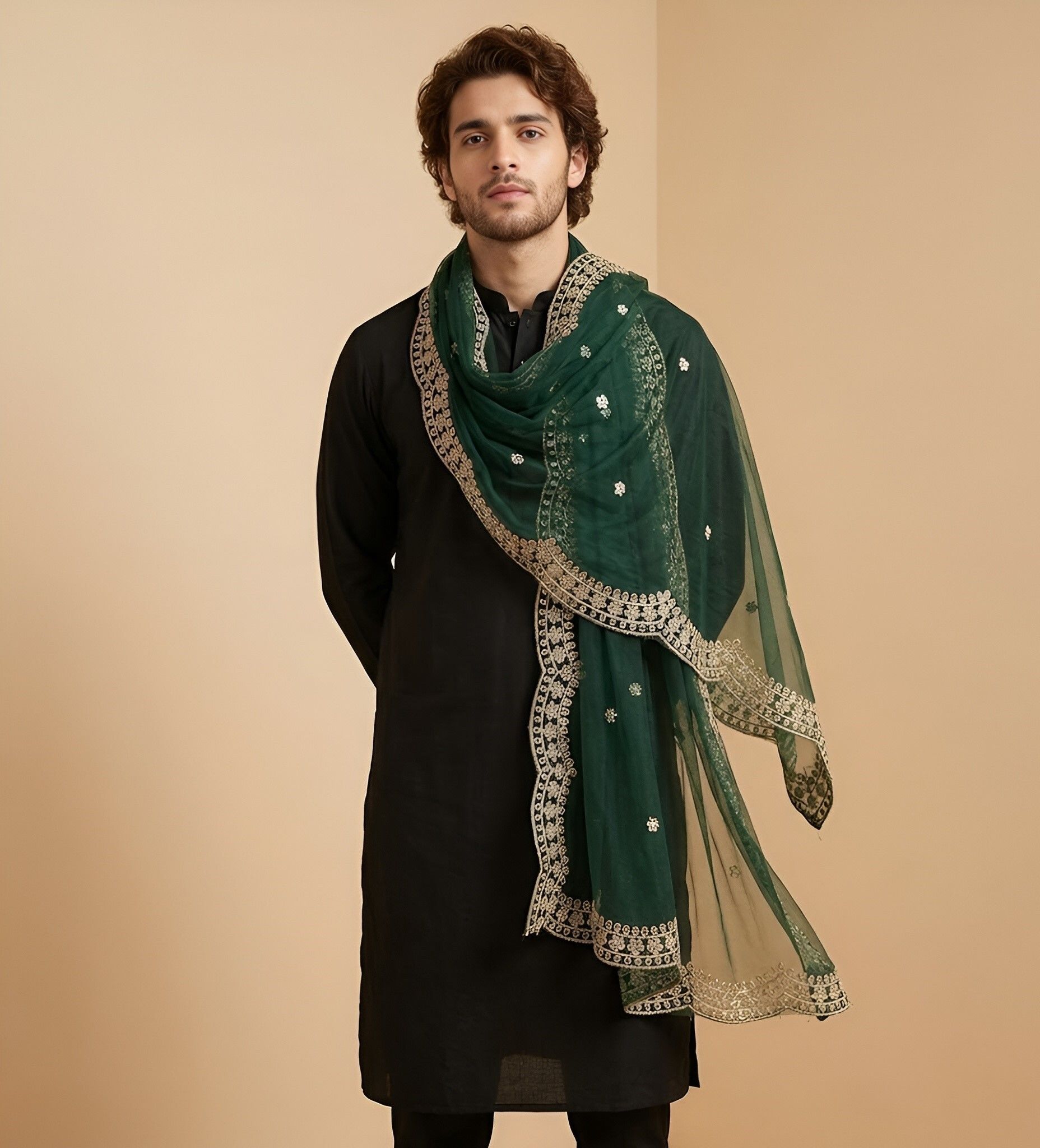 Organza Embroidered Green Men Dupatta-image-34