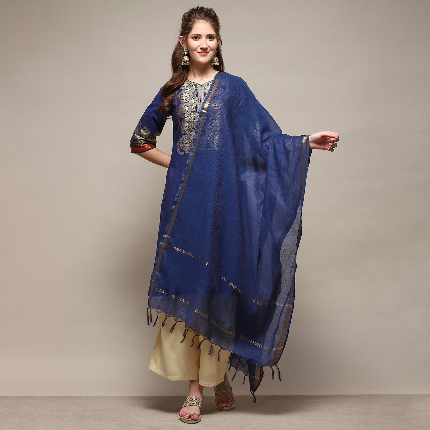 biba Cotton Blend Solid Blue Women Dupatta-picture-13