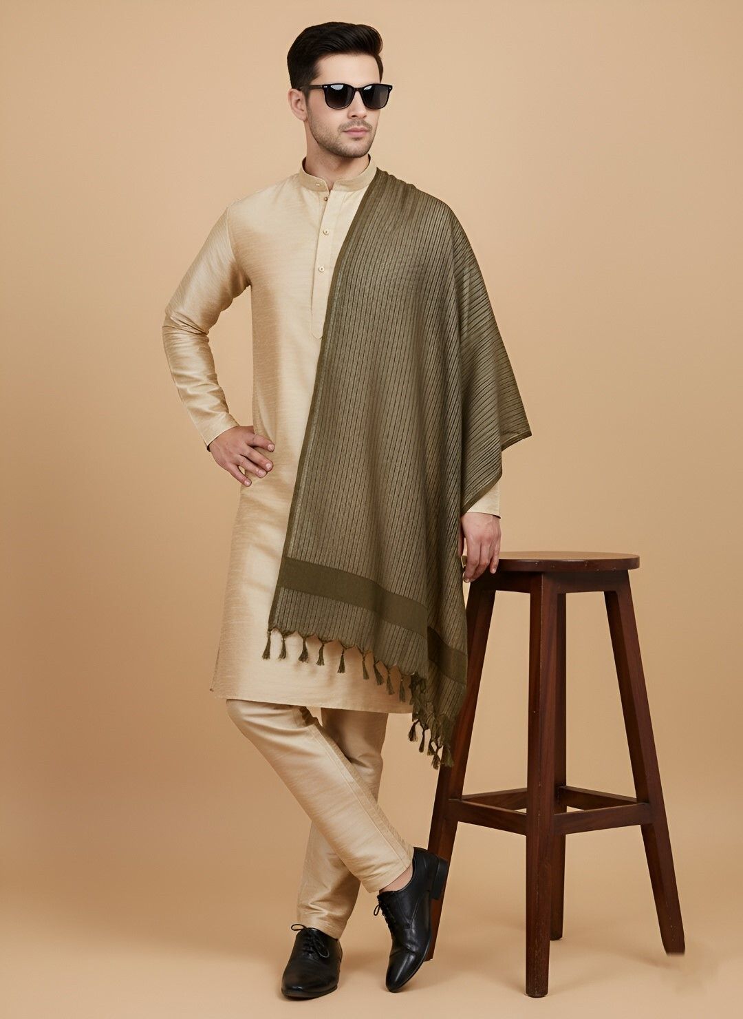 muffly Cotton Blend Self Design Light Green Men Dupatta-picture-17