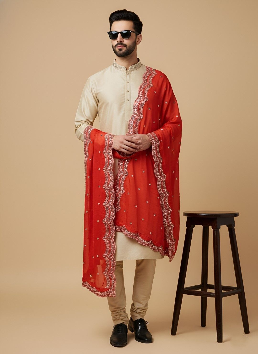 muffly Pure Silk Embroidered Red Men Dupatta-picture-14