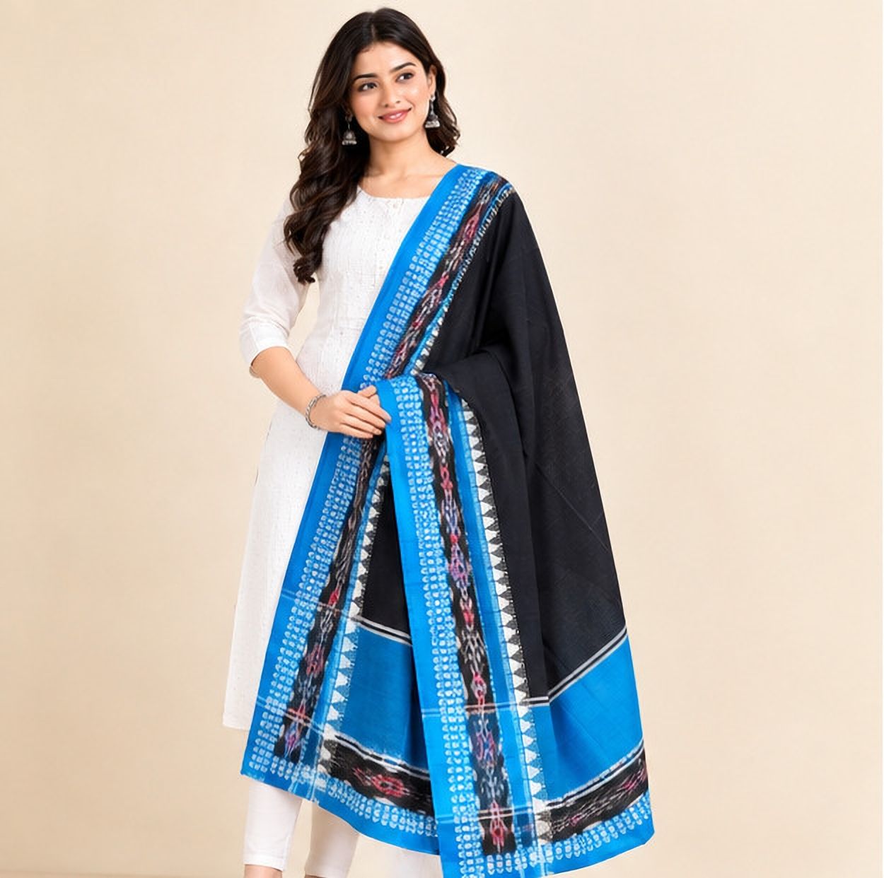 Pure Cotton Self Design, Solid, Woven Blue Women Dupatta-image-4