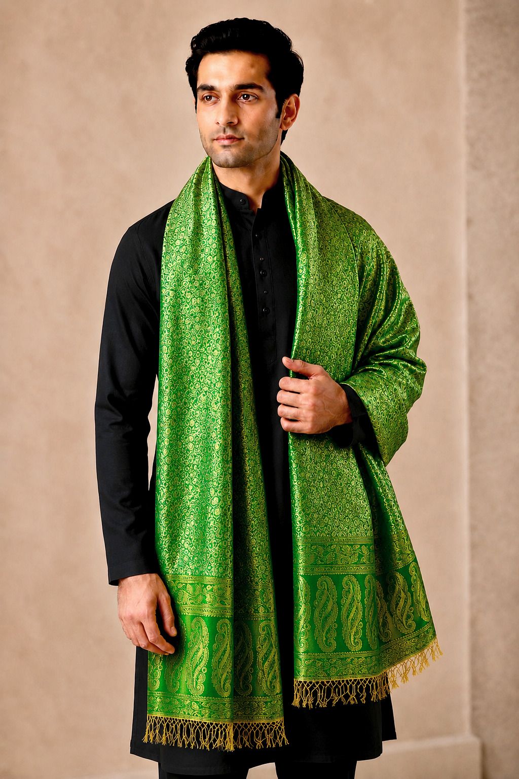 brocade weaves Satin Blend Woven, Self Design Green Men Dupatta-picture-21