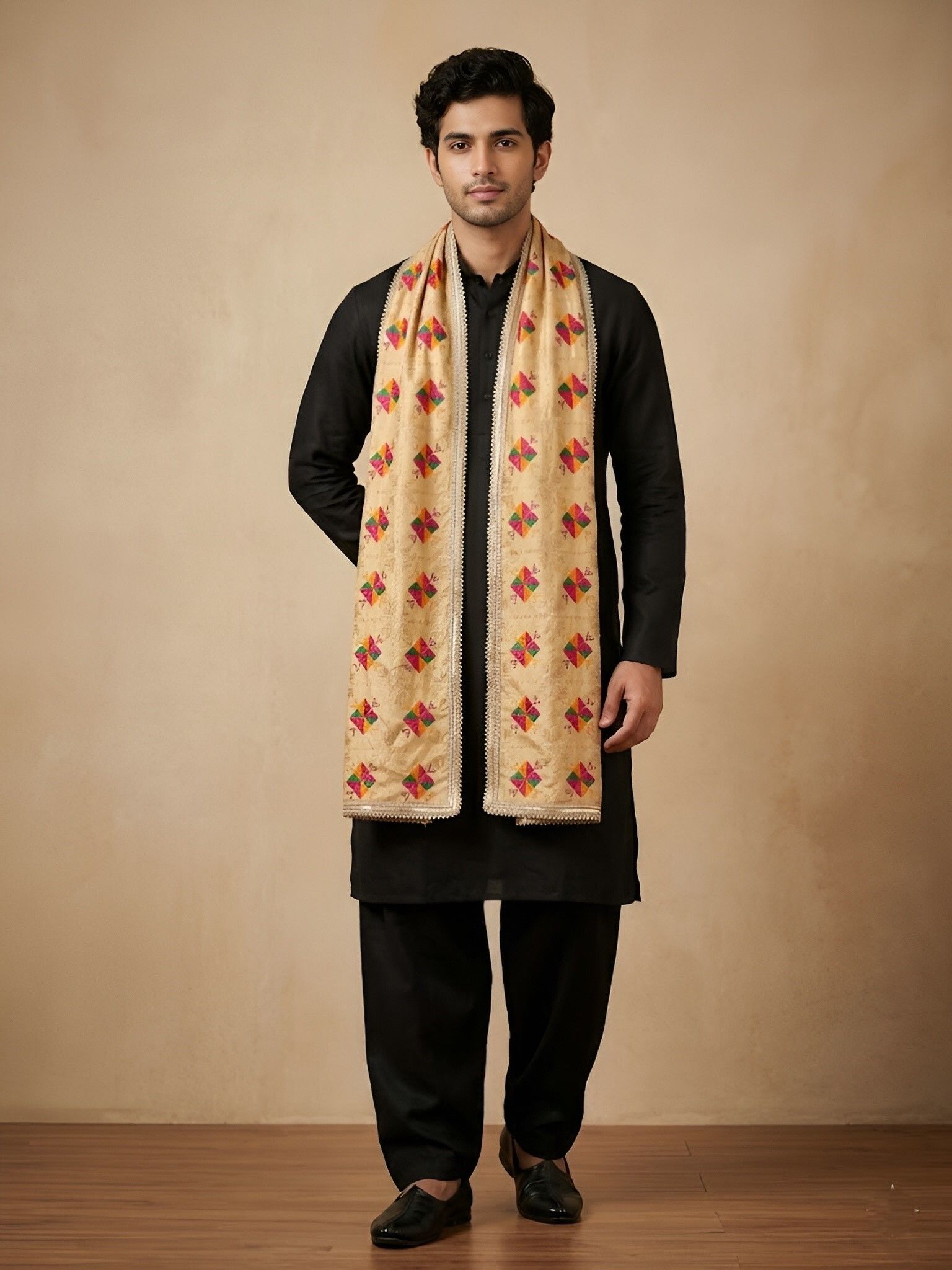 Poly Georgette Geometric Print Beige Men Dupatta-image-3