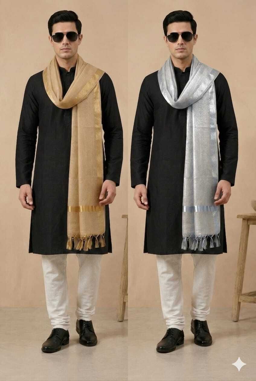 Net, Silk Blend Solid Gold, Silver Men Dupatta-image-17