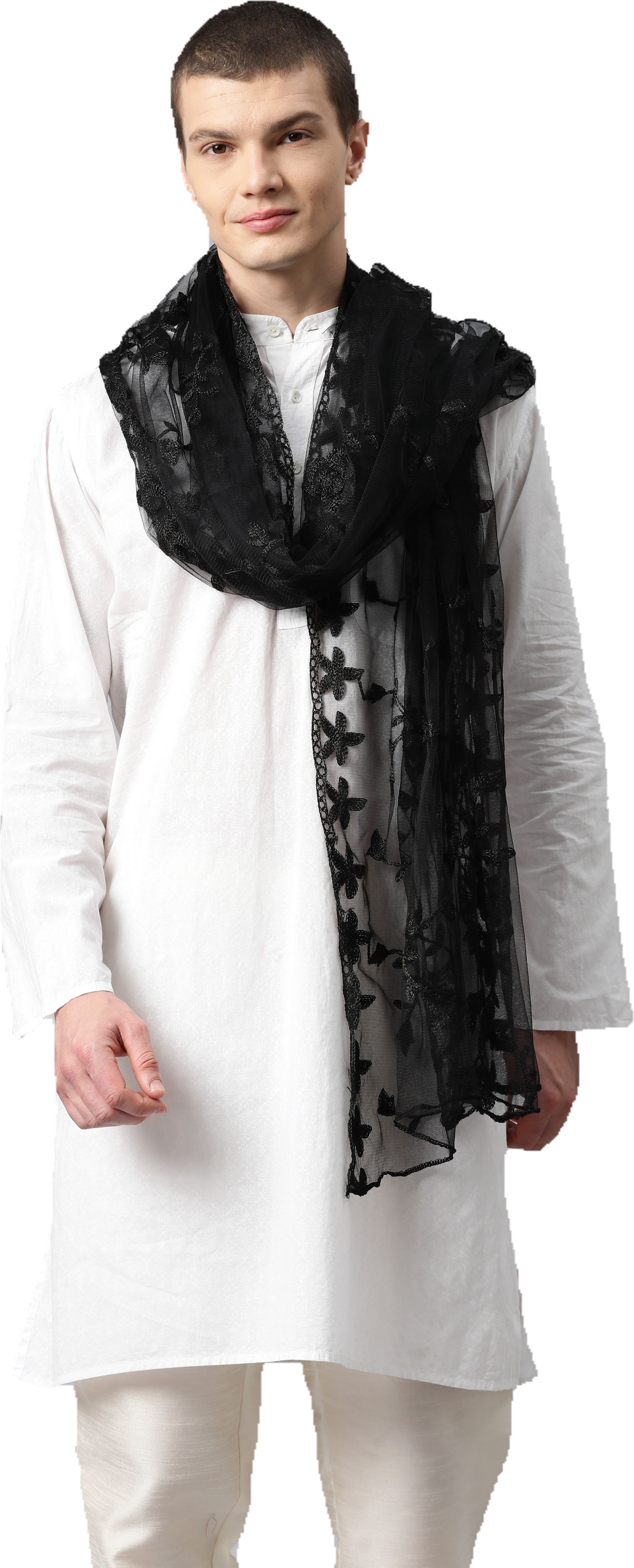 weavers villa Net Embroidered Black Men Dupatta-picture-16