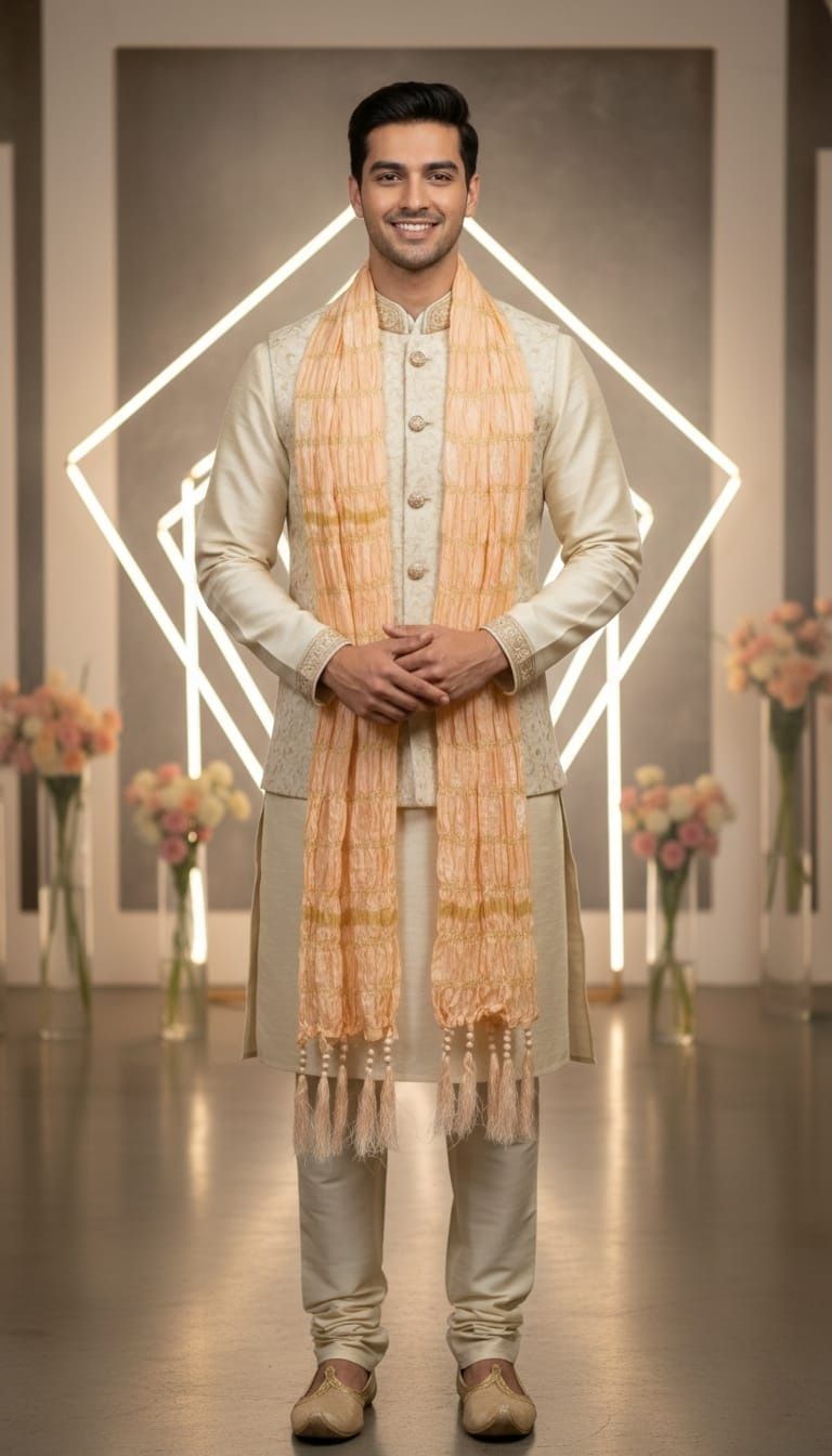 Silk Blend Solid Peach Men Dupatta