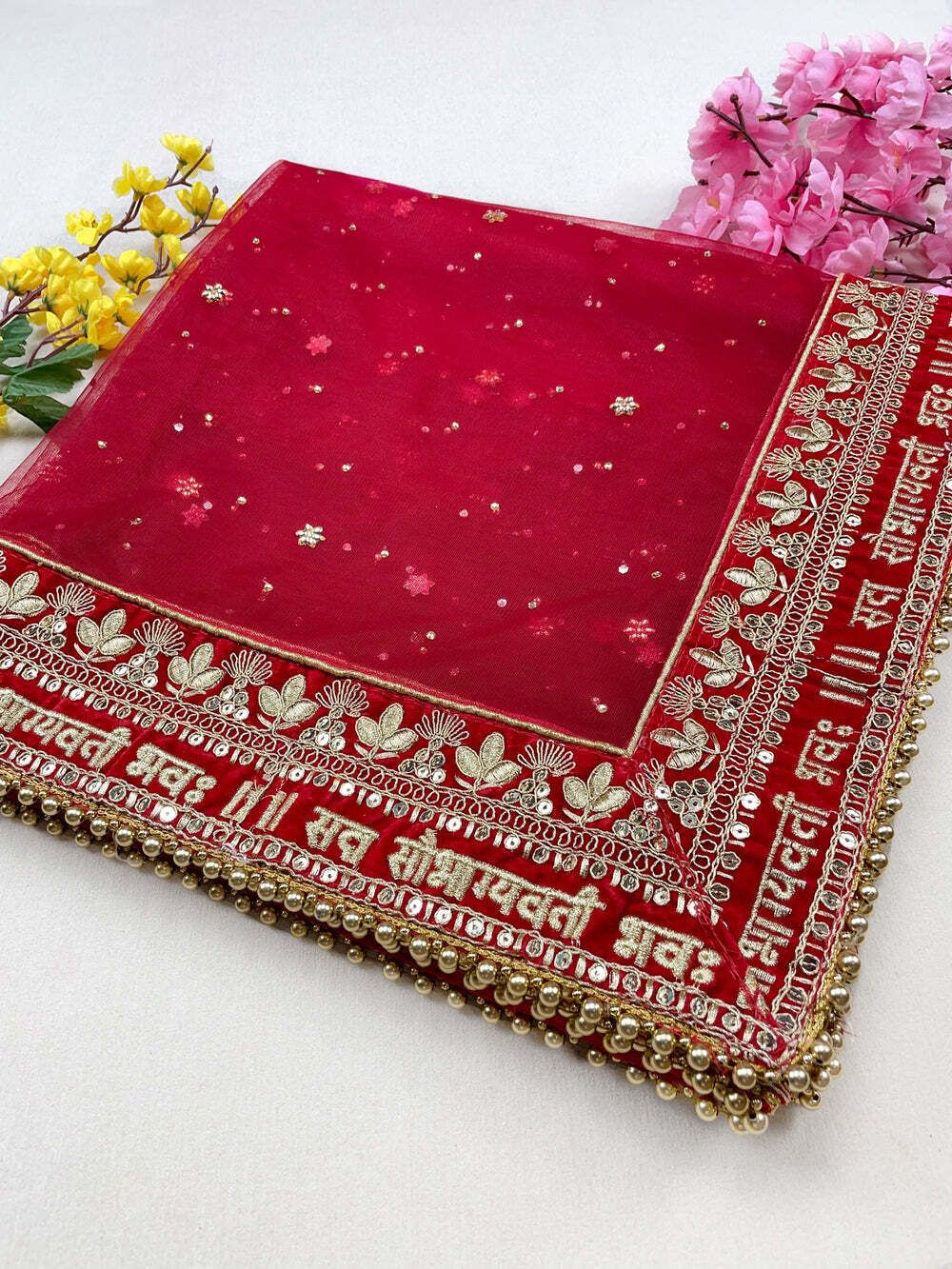 Net Embroidered Red Women Dupatta-image-45