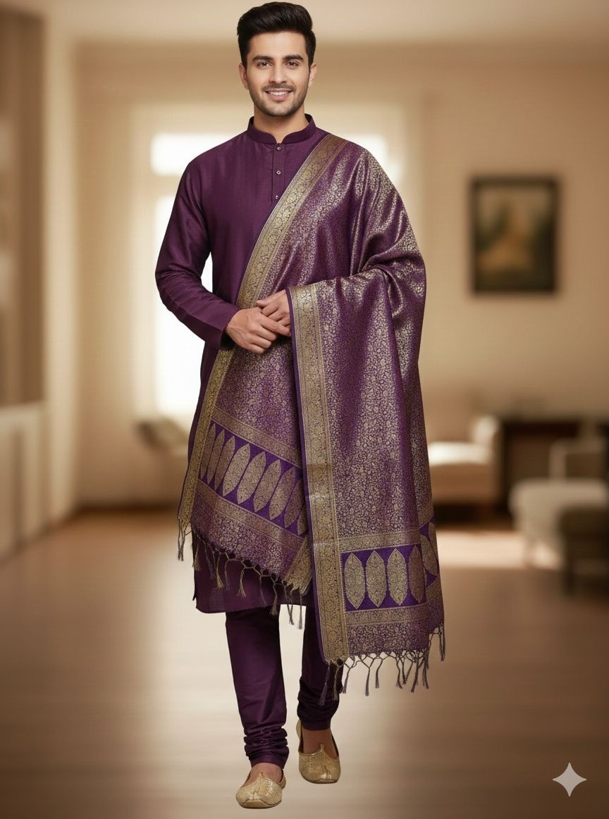 Jacquard, Art Silk Woven, Self Design Dark Blue Men Dupatta-image-26