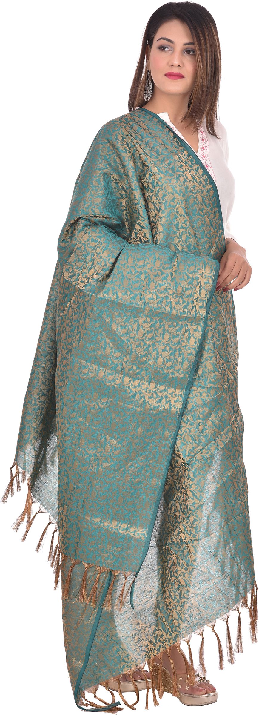 whiteheaven Pure Silk Self Design Green Women Dupatta-picture-15