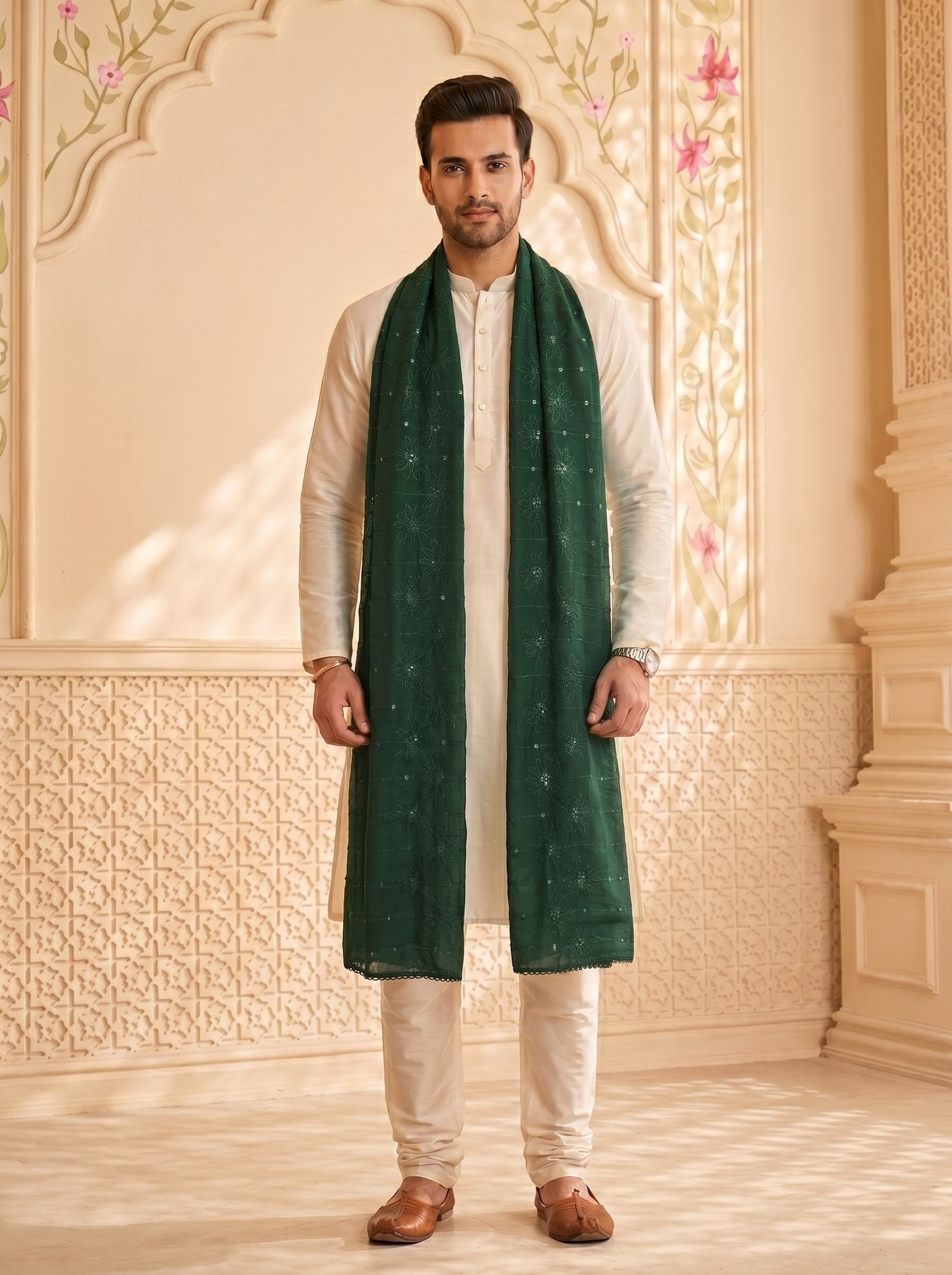 Cotton Blend Embroidered Green Men Dupatta-image-46