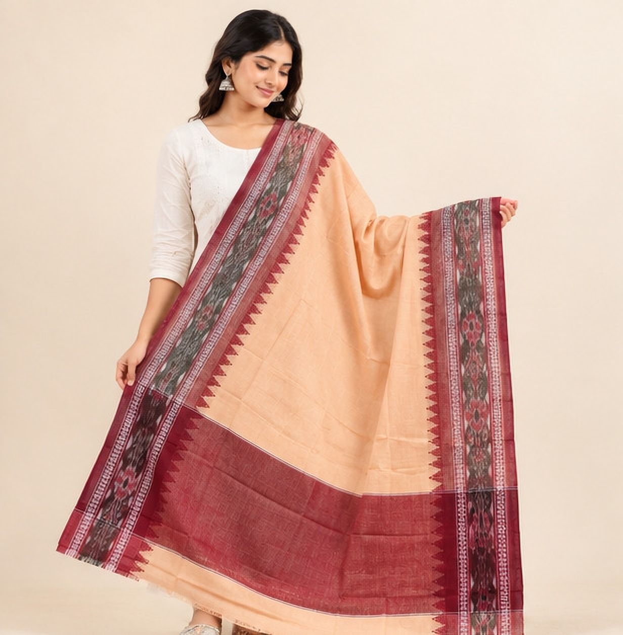 Pure Cotton Self Design, Solid, Woven Beige Women Dupatta-image-33