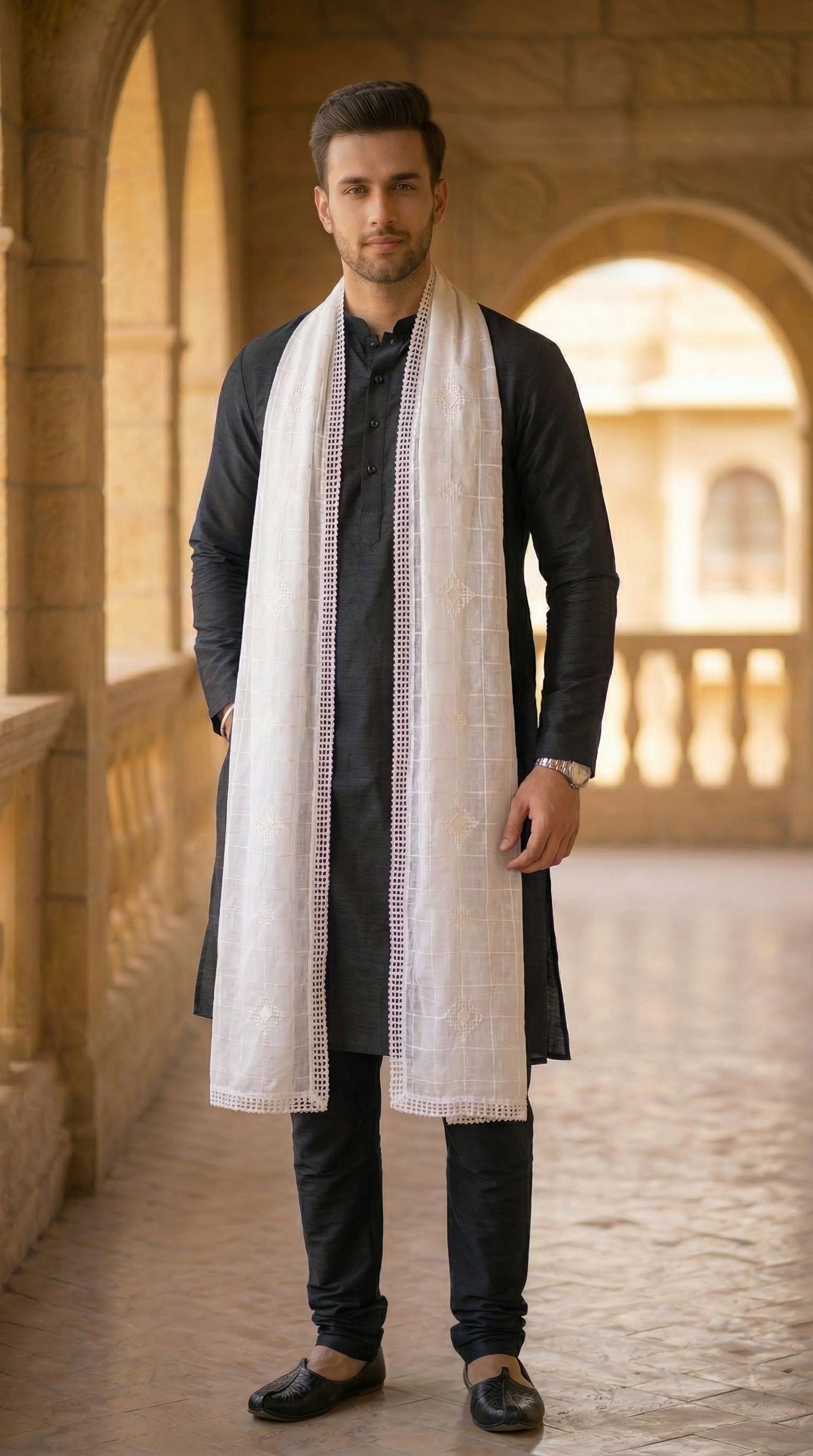 zamour Pure Cotton Embroidered White Men Dupatta-picture-31