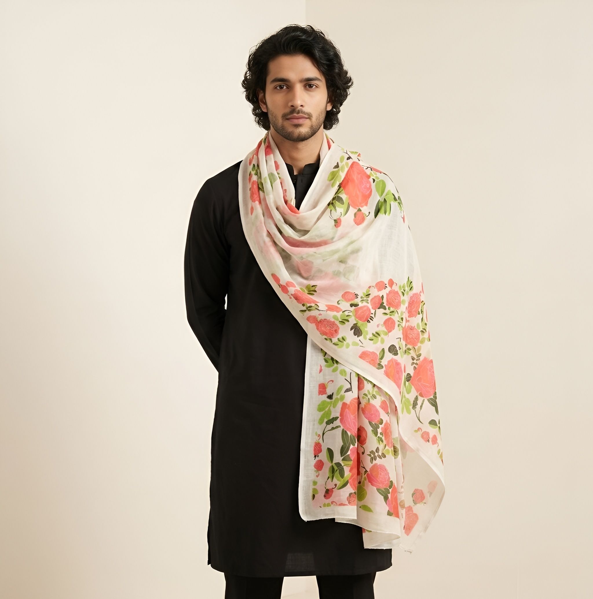 Linen Blend Floral Print White Men Dupatta-image-15