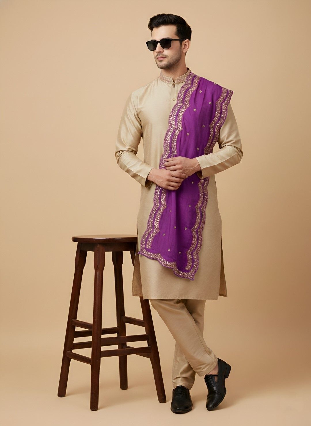 Pure Silk Embroidered Purple Men Dupatta-image-3