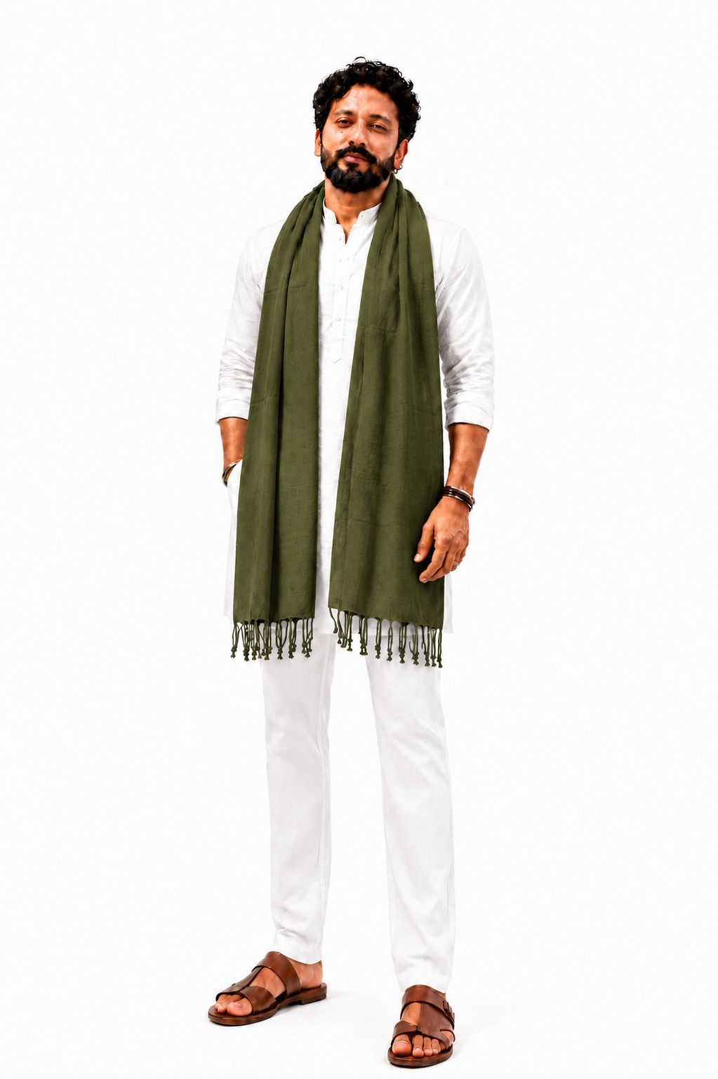 Cotton Blend Solid Green Men Dupatta-image-32