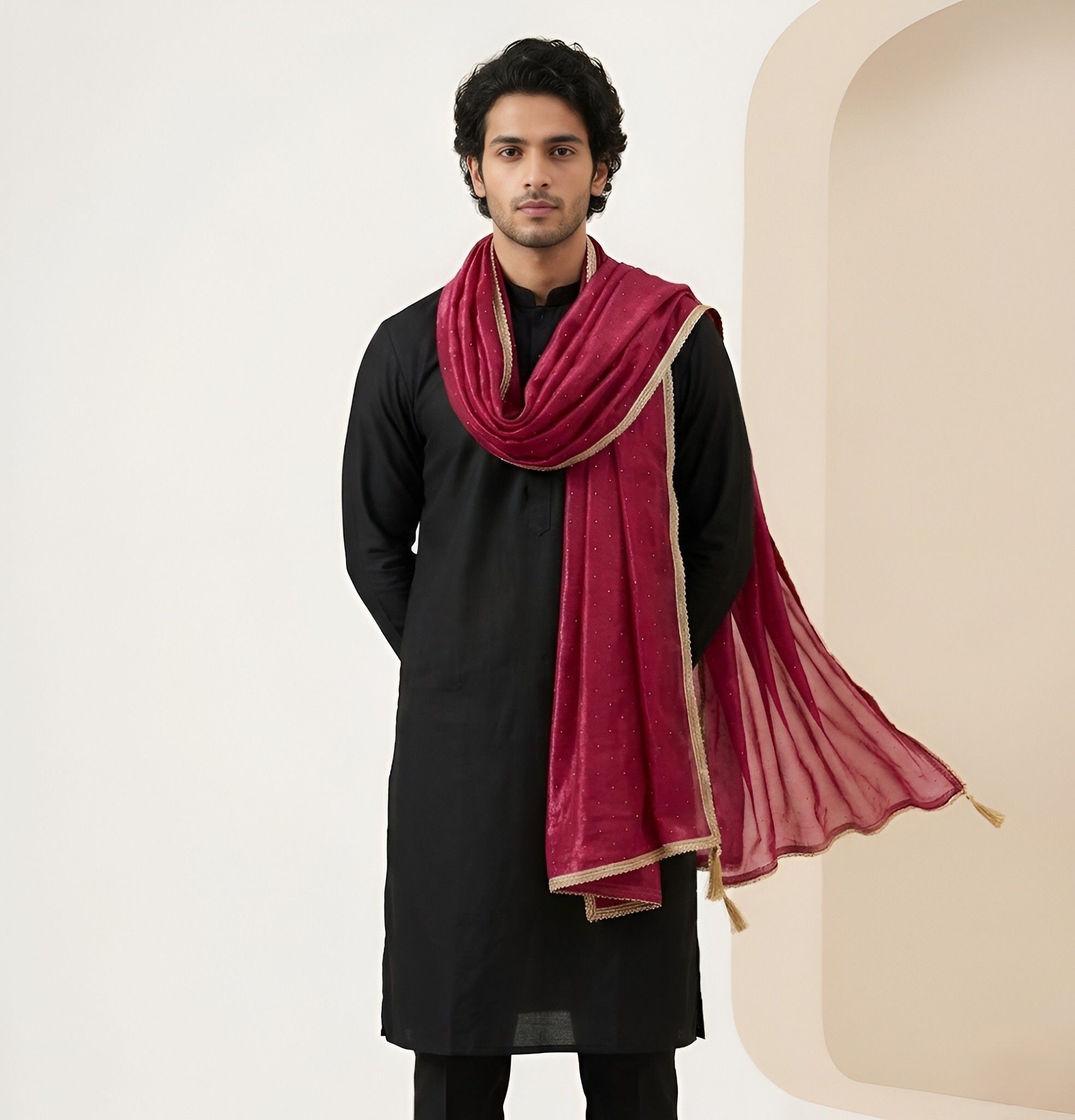 Net Self Design Pink Men Dupatta-image-27