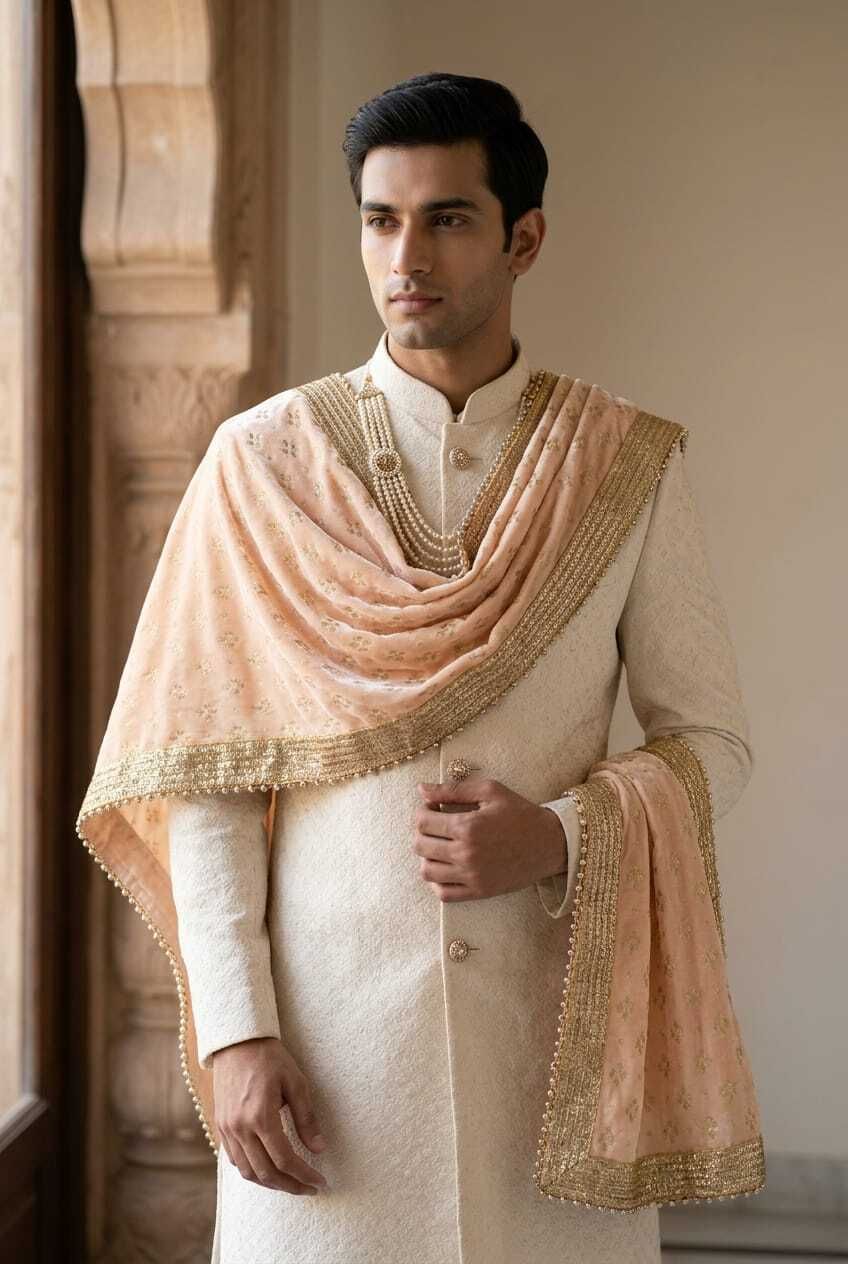 Velvet Printed Peach Men Dupatta-image-26
